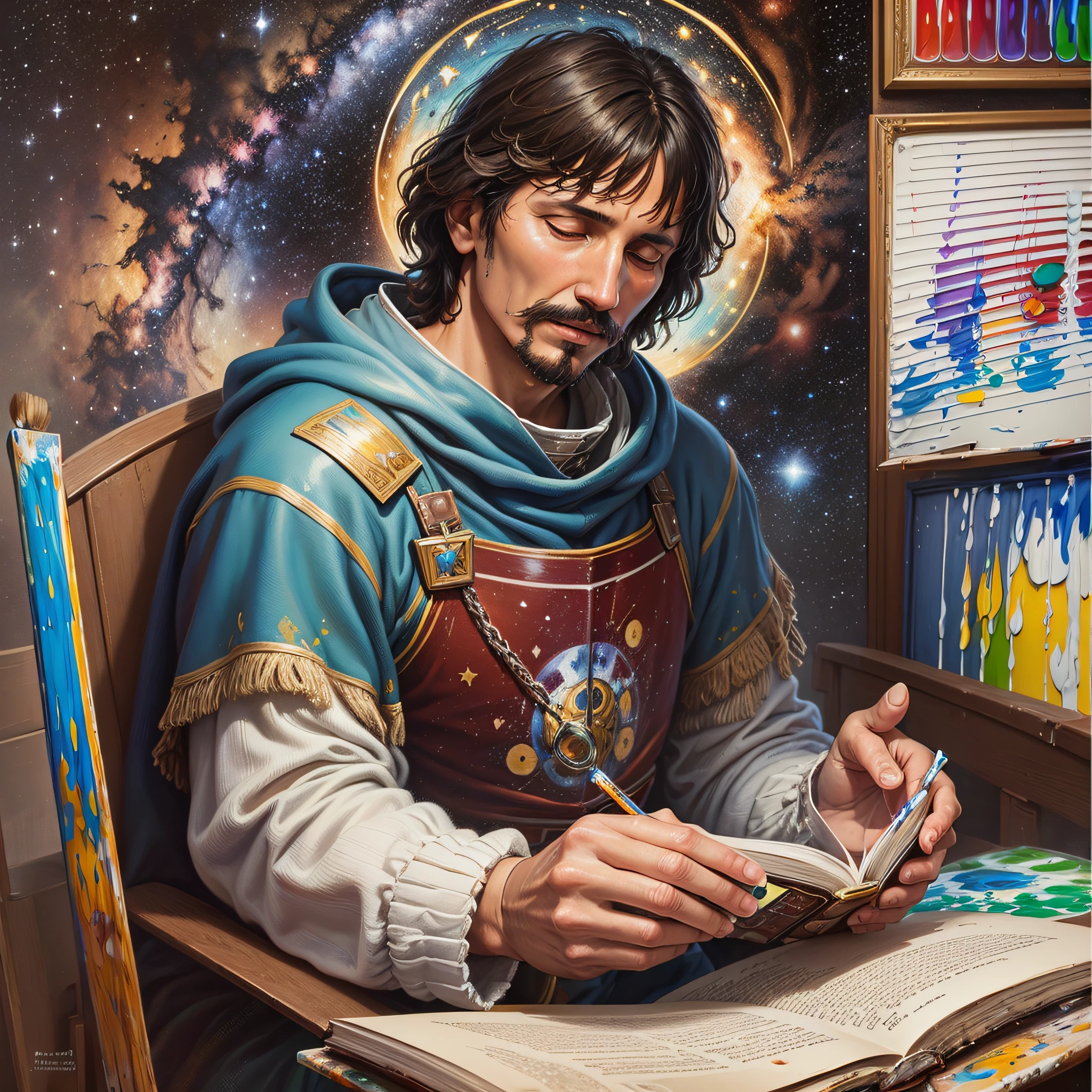 (realistic painting:1.3) (oil) (Giordano Bruno) (reading a book) (background the Milky Way) --auto --s2