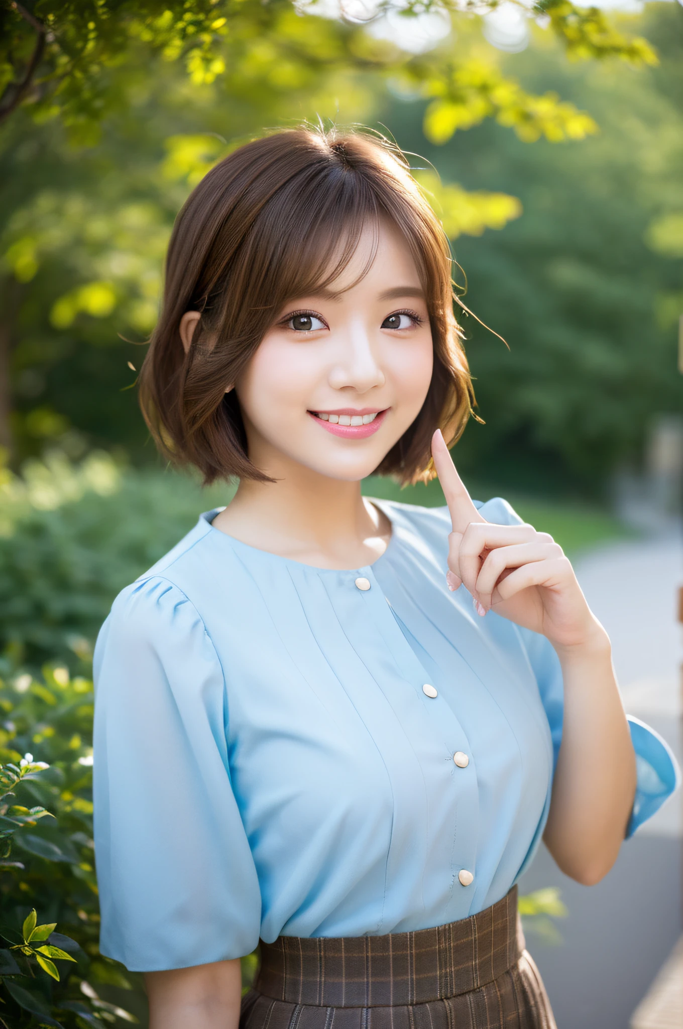 (8k, highest quality, masterpiece: 1.2), ultra detail, highest quality, ultra high resolution, professional lighting, photon mapping, radiosity, physically based rendering, cinematic lighting, depth of field, focusing, sun rays, good composition, (bokeh: 1.2), 1 girl, (full body), smile, beautiful eyes, pose, constriction, brown hair, short hair, prairie blouse light blue, skirt,park,hand {fingers} Kawaii {finger} hand,