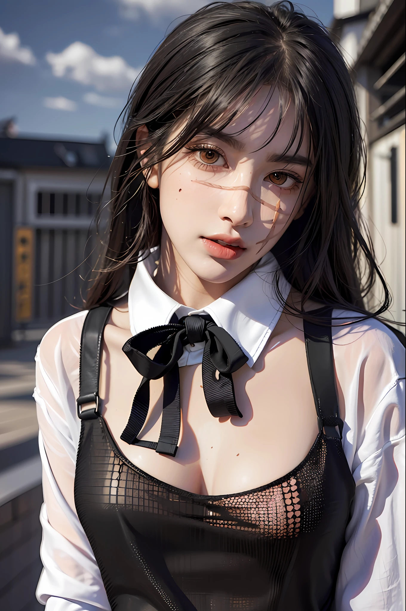 (hyper-realistic), (illustration), (high resolution), (8K), (extremely detailed), (best illustration), Yoru ( Chainsaw Man ), (beautiful detailed eyes), (best quality), (ultra-detailed), (masterpiece), (wallpaper), (detailed face), solo, upper body, focus on face, 1 girl, long black hair, Korean, thin eyeshadow, well-detailed eyes, brown eyes, small moles under the eyes, long sleeve shirt, neck bow, small breasts, pinafore dress, dynamic pose, low lighting, night, dark, clouds, dark night