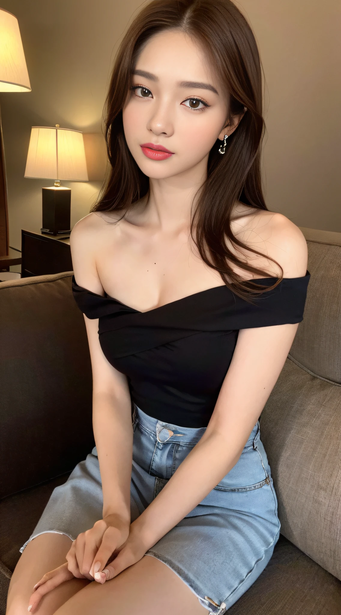 ((Night view, realistic light, best quality, 8k, masterpiece: 1.3)), 1girl, pretty woman with slim figure: 1.4, (brown hair, breasts: 1.1), off-the-shoulder cut top: 1.3, sofa, skirt, super detailed face, detailed eyes, double eyelids,