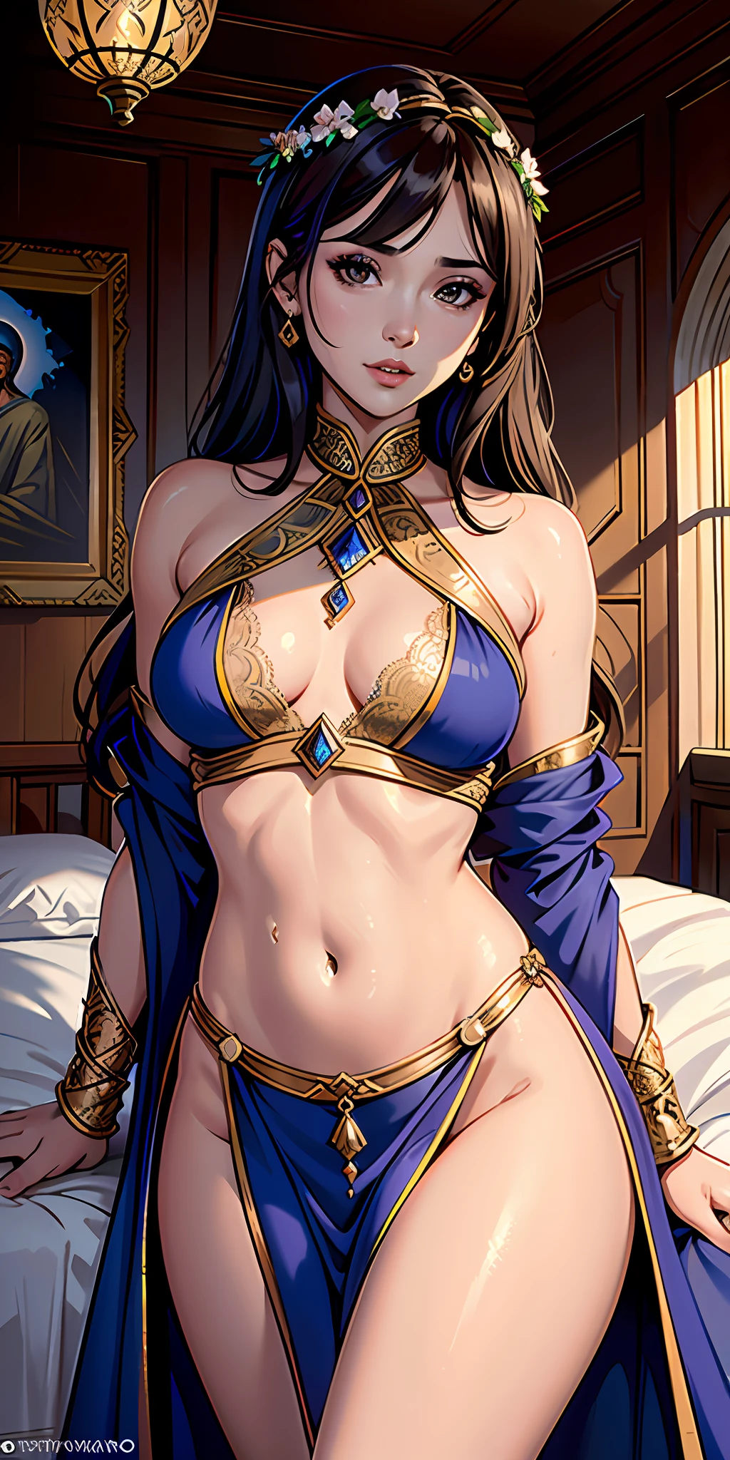 Photorealistic, raw photo, hyper detailed, detailed background, studio lights, chromatic freak, best shadows, solo, 1 woman, an arabian princess, brown skin, brown eyes, wearing sexy Royal BLUE outfit, in palace room, Medieval Arabia, shoulders showing, navel showing, lace, makeup, small tight breasts, flowers, plants, shiny skin, lying in bed, realistic skin texture, HDR, 8K, sharp focus, cinematic