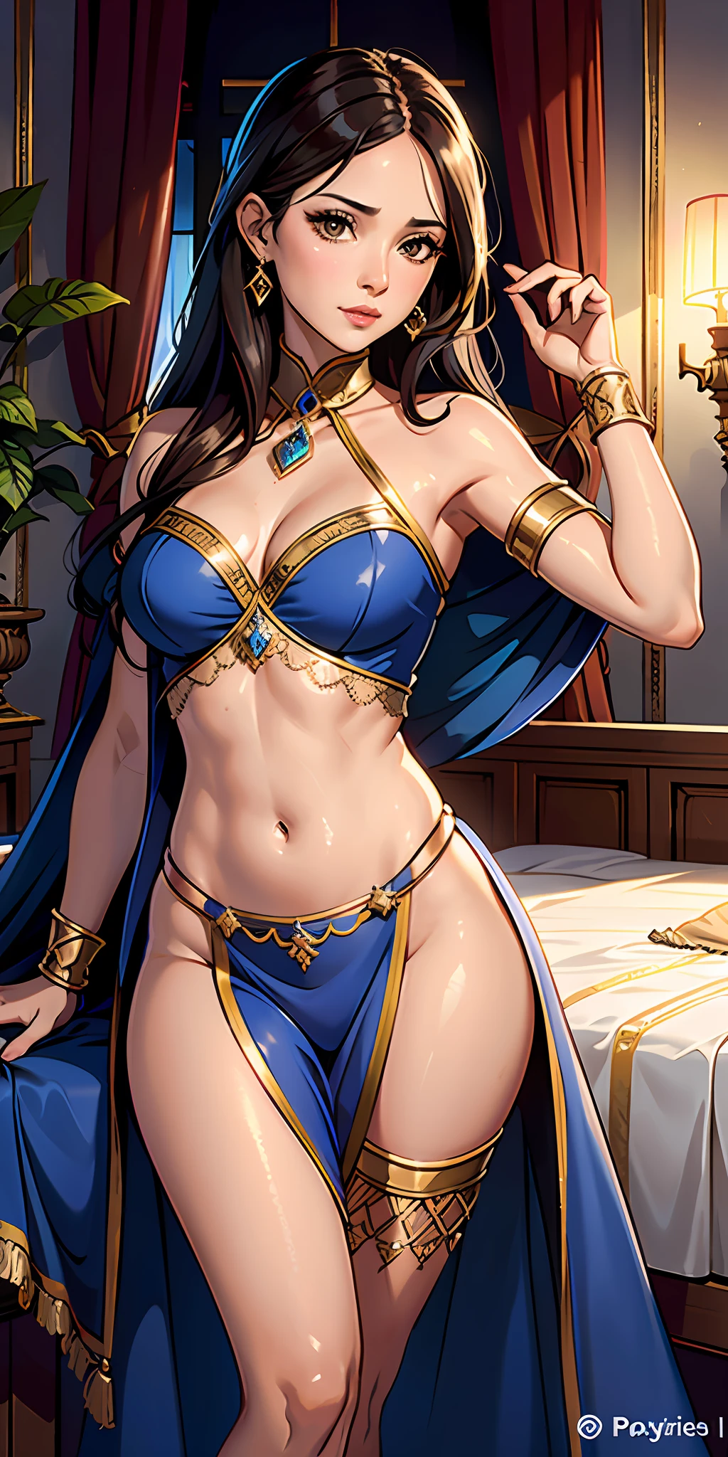 Photorealistic, raw photo, hyper detailed, detailed background, studio lights, chromatic freak, best shadows, solo, 1 woman, an arabian princess, brown skin, brown eyes, wearing y Royal BLUE outfit, in palace room, Medieval Arabia, shoulders showing, navel showing, lace, makeup, small tight brelowers, plants, shiny skin, lying in bed, realistic skin texture, HDR,  8K, sharp focus, cinematic