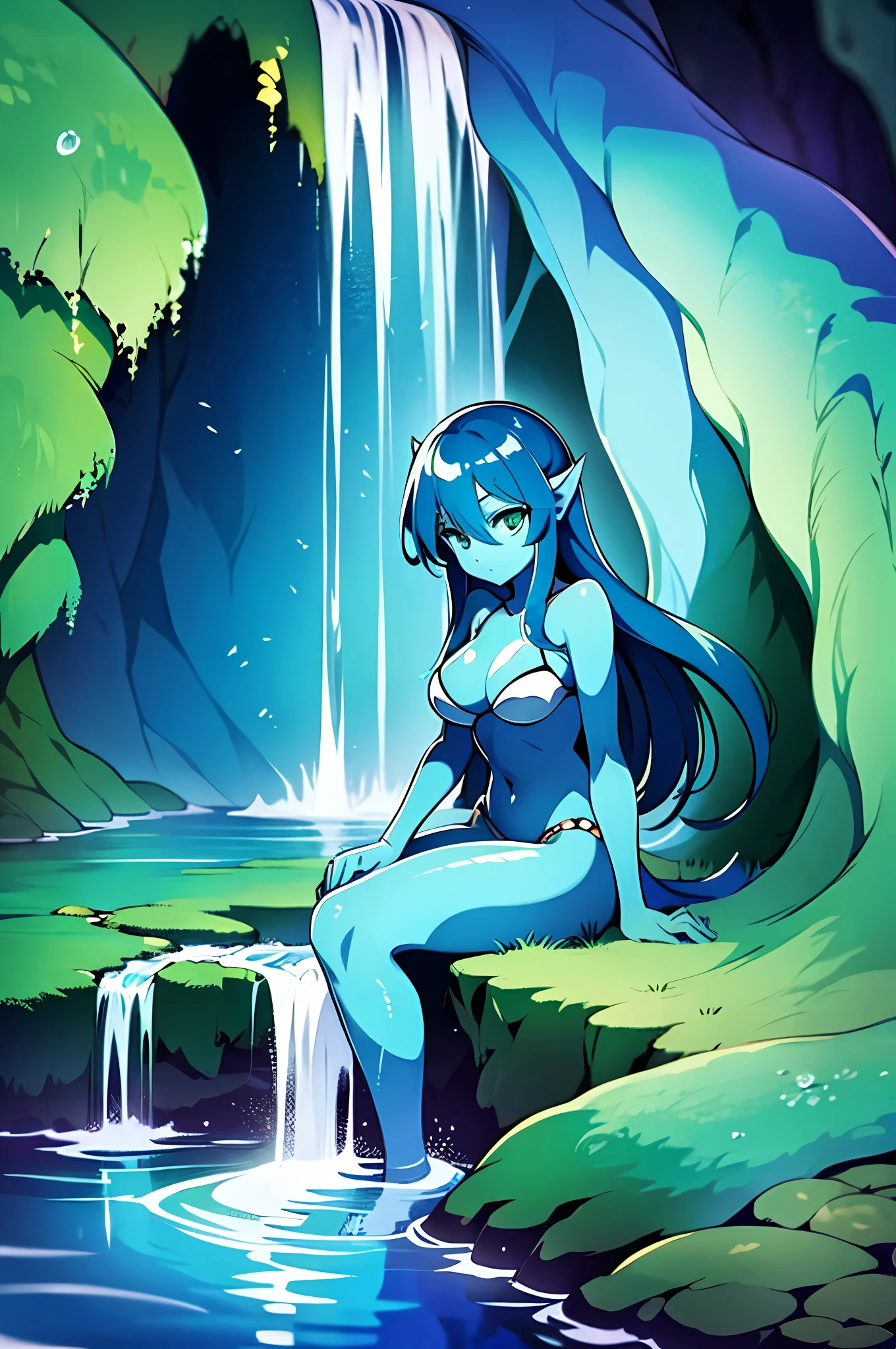 Anime girl water spirit, blue skin, blue hair, green eyes, calm pose, long tail, against the background of a peaceful cave, beautiful colors, saturated colors, beautiful color, 4k, 3d