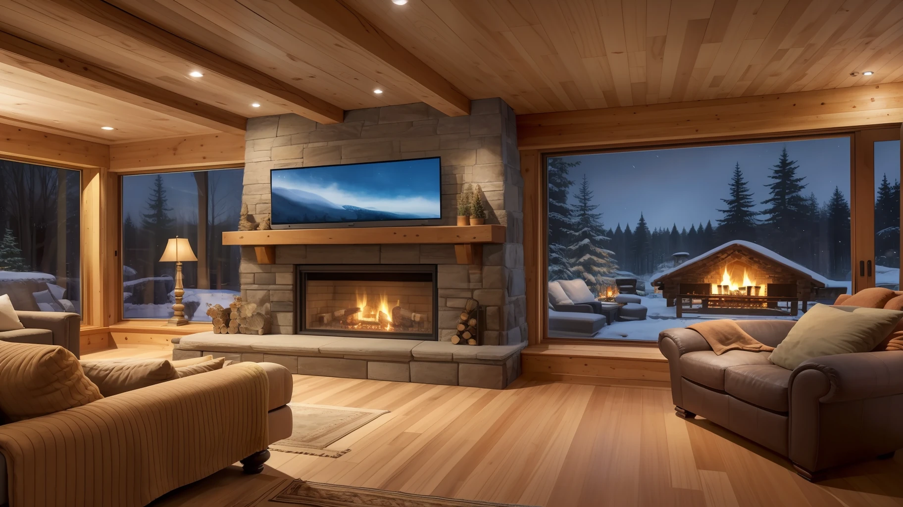arafed living room with a fireplace and a large screen tv, cozy setting, cozy living room, cozy environment, cozy and peaceful atmosphere, large windows to forest at night, cozy and calm, very cozy, cozy atmosphere, roaring fire, true realistic image, cozy living room interior, warm living room, cozy contemporary living room, fireplace lighting, cozy vibe, cozy place