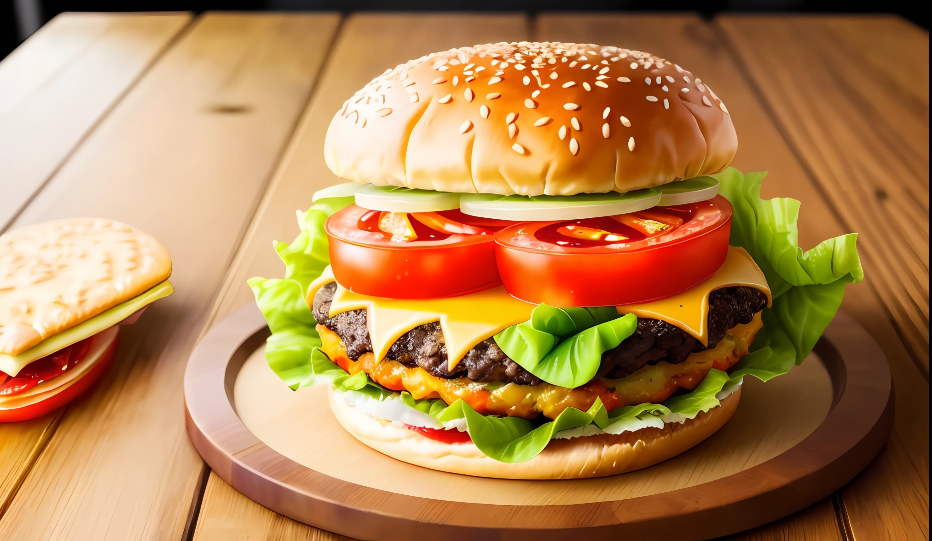 Hamburger on a wooden table, on the left of the burger has a tomato and onion, and on the left has 1 lettuce and 1 cheese. And there's sauce falling on the burger
