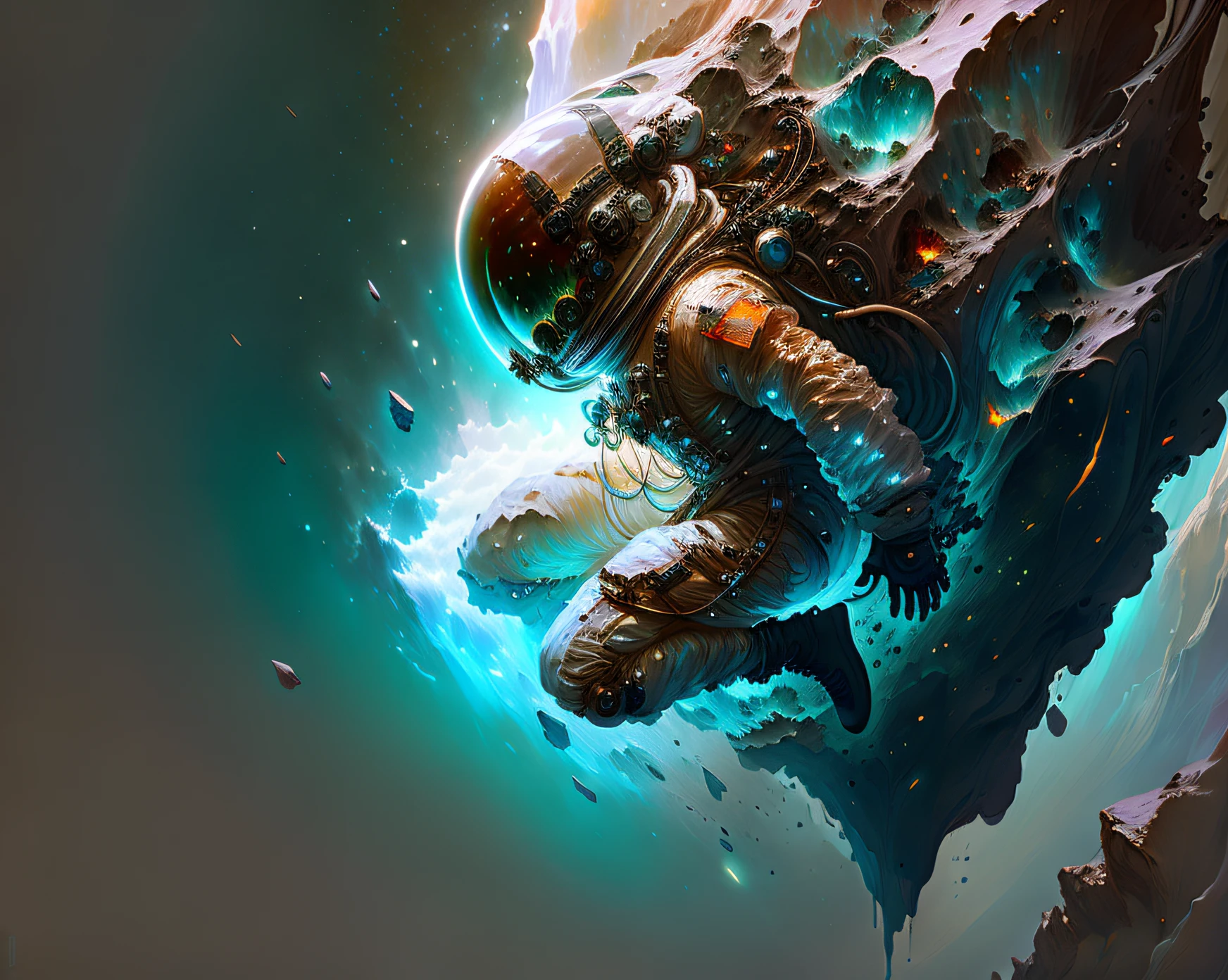 astronaut,  climbing the asteroid,  character render, ultra high quality model, ethereal background, abstract beauty, explosive volumetric, oil painting, heavy strokes, paint dripping