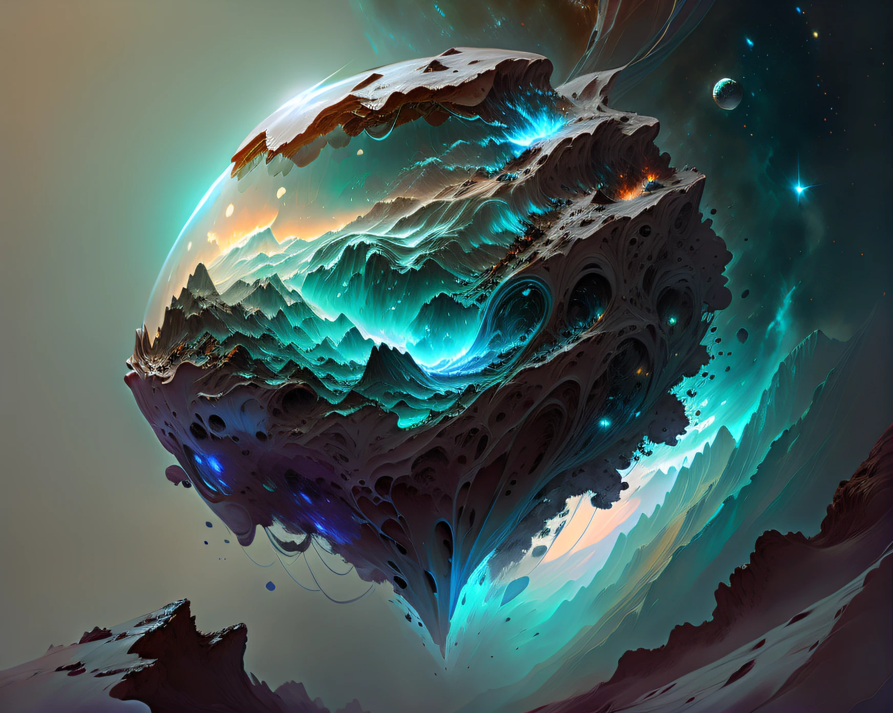 astronaut, climbing the asteroid, character render, ultra high quality model, ethereal background, abstract beauty, explosive volumetric, oil painting, heavy strokes, paint dripping