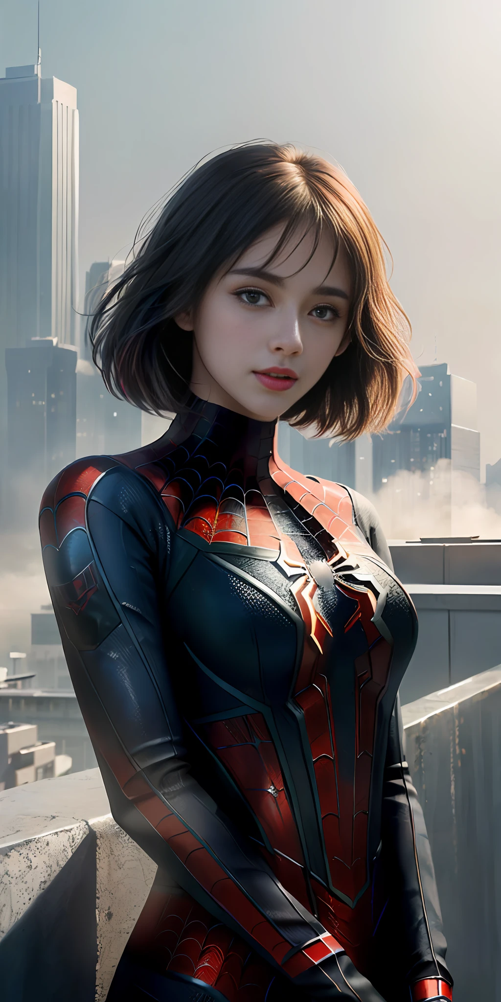 (1girl:1.3), Solo, (((Very detailed face)))), ((Very detailed eyes and face)))), Beautiful detail eyes, Body parts__, Official art, Unified 8k wallpaper, Super detailed, beautiful and beautiful, beautiful, masterpiece, best quality, original, masterpiece, super fine photo, best quality, super high resolution, realistic realism, sunlight, full body portrait, amazing beauty, dynamic pose, delicate face, vibrant eyes, (from the front), She wears Spider-Man suit, red and black color scheme, spider, very detailed city roof background, rooftop, overlooking the city, detailed face, detailed complex busy background, messy, gorgeous, milky white, highly detailed skin, realistic skin details, visible pores, clear focus, volumetric fog, 8k uhd, DSLR, high quality, film grain, fair skin, photo realism, lomography, futuristic dystopian megalopolis, translucent