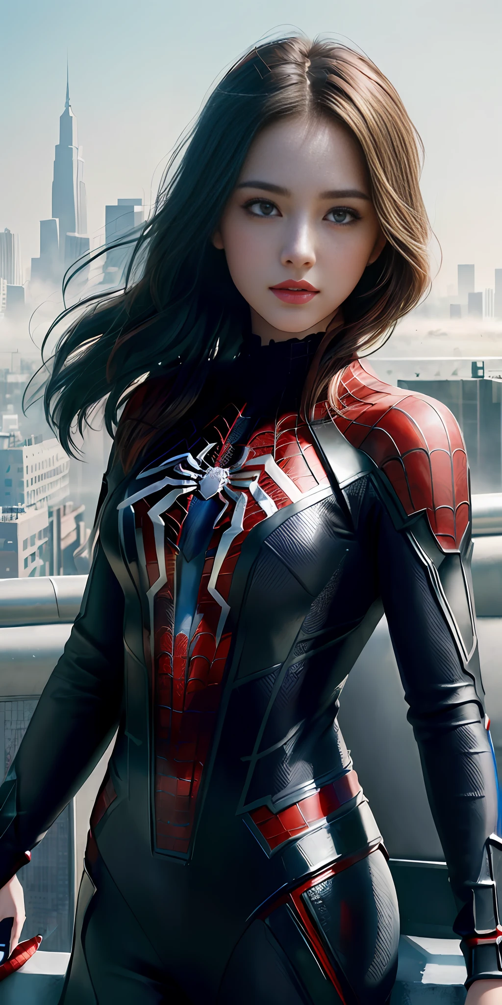 (1girl:1.3), Solo, (((Very detailed face)))), ((Very detailed eyes and face)))), Beautiful detail eyes, Body parts__, Official art, Unified 8k wallpaper, Super detailed, beautiful and beautiful, beautiful, masterpiece, best quality, original, masterpiece, super fine photo, best quality, super high resolution, realistic realism, sunlight, full body portrait, amazing beauty, dynamic pose, delicate face, vibrant eyes, (from the front), She wears Spider-Man suit, red and black color scheme, spider, very detailed city roof background, rooftop, overlooking the city, detailed face, detailed complex busy background, messy, gorgeous, milky white, highly detailed skin, realistic skin details, visible pores, clear focus, volumetric fog, 8k uhd, DSLR, high quality, film grain, fair skin, photo realism, lomography, futuristic dystopian megalopolis, translucent