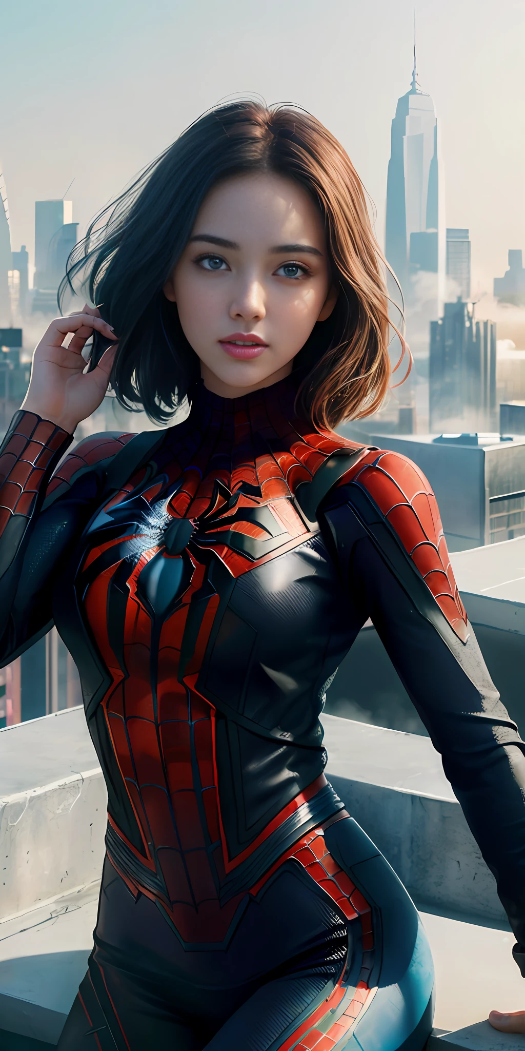 (1girl:1.3), Solo, (((Very detailed face)))), ((Very detailed eyes and face)))), Beautiful detail eyes, Body parts__, Official art, Unified 8k wallpaper, Super detailed, beautiful and beautiful, beautiful, masterpiece, best quality, original, masterpiece, super fine photo, best quality, super high resolution, realistic realism, sunlight, full body portrait, amazing beauty, dynamic pose, delicate face, vibrant eyes, (from the front), She wears Spider-Man suit, red and black color scheme, spider, very detailed city roof background, rooftop, overlooking the city, detailed face, detailed complex busy background, messy, gorgeous, milky white, highly detailed skin, realistic skin details, visible pores, clear focus, volumetric fog, 8k uhd, DSLR, high quality, film grain, fair skin, photo realism, lomography, futuristic dystopian megalopolis, translucent
