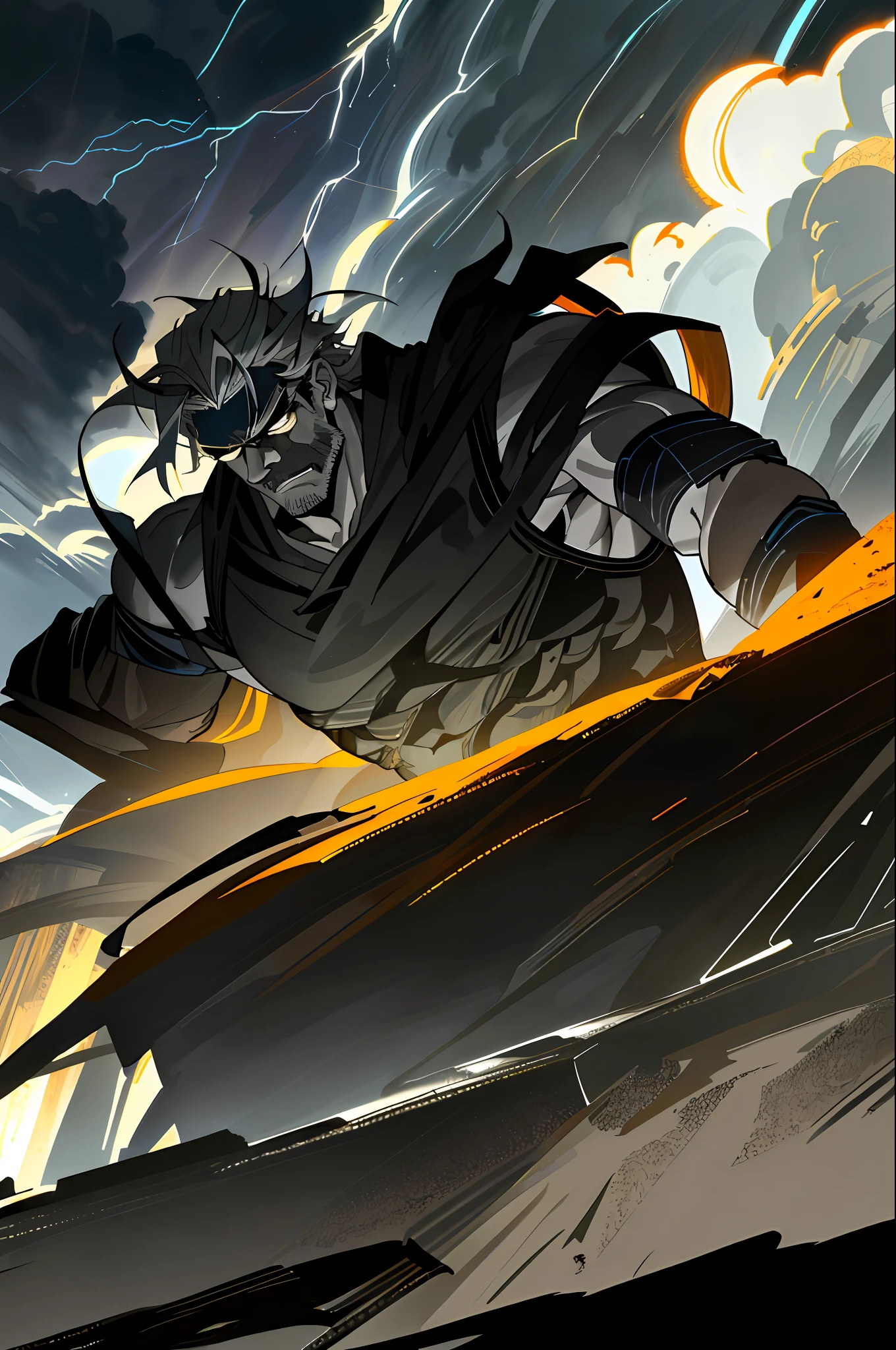 An ancient Greek villain with dramatic lighting and deep shadows. Wearing an imposing armband, he is immersed in a stormy weather with thunder, in a night square. 

("Ancient Greek villain, dramatic lighting, deep shadows, impressive armband, stormy weather, thunder, night square")