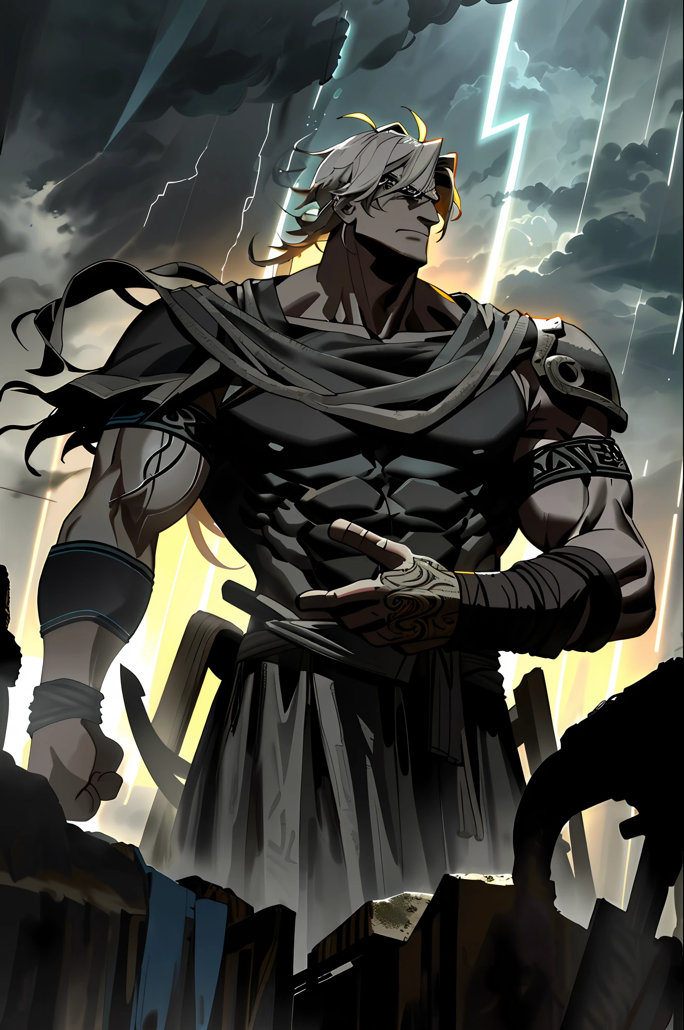An ancient Greek villain with dramatic lighting and deep shadows. Wearing an imposing armband, he is immersed in a stormy weather with thunder, in a night square.
("Ancient Greek villain, dramatic lighting, deep shadows, impressive armband, stormy weather, thunder, night square")