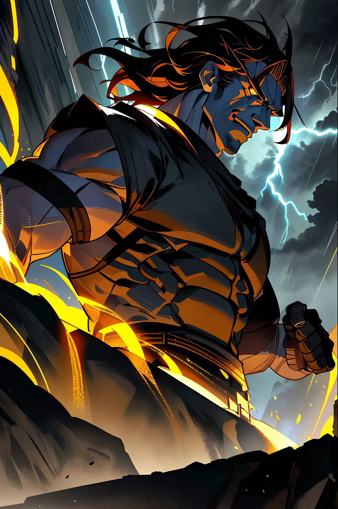 An ancient Greek villain with dramatic lighting and deep shadows. Wearing an imposing armband, he is immersed in a stormy weather with thunder, in a night square.
("Ancient Greek villain, dramatic lighting, deep shadows, impressive armband, stormy weather, thunder, night square")