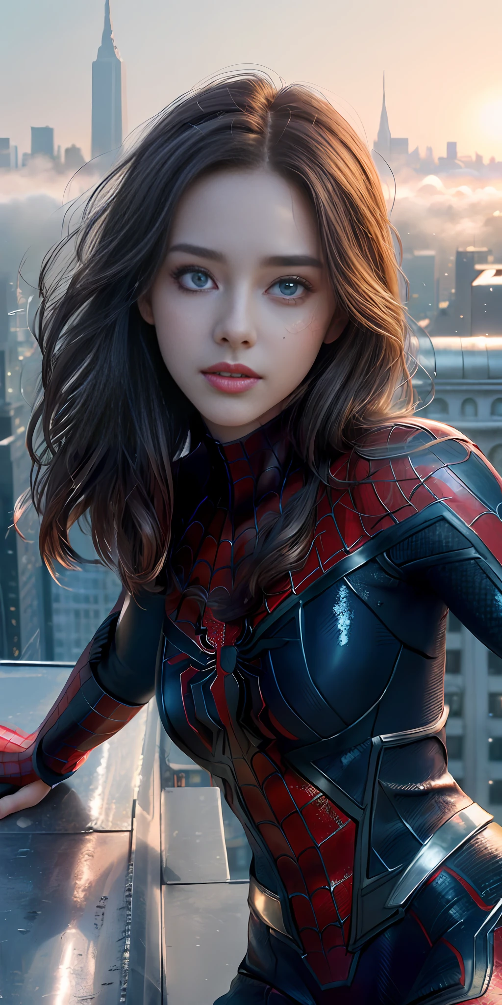 (1girl:1.3), Solo, (((Very detailed face)))), ((Very detailed eyes and face)))), Beautiful detail eyes, Body parts__, Official art, Unified 8k wallpaper, Super detailed, beautiful and beautiful, beautiful, masterpiece, best quality, original, masterpiece, super fine photo, best quality, super high resolution, realistic realism, sunlight, full body portrait, amazing beauty, dynamic pose, delicate face, vibrant eyes, (from the front), She wears Spider-Man suit, red and black color scheme, spider, very detailed city roof background, rooftop, overlooking the city, detailed face, detailed complex busy background, messy, gorgeous, milky white, highly detailed skin, realistic skin details, visible pores, clear focus, volumetric fog, 8k uhd, DSLR, high quality, film grain, fair skin, photo realism, lomography, futuristic dystopian megalopolis, translucent