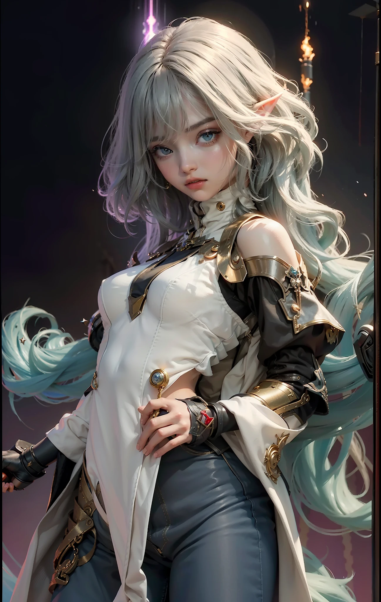((Best Quality)), ((Masterpiece)), (Detail: 1.4), 3D, (Extremely detailed CG 8k wallpaper), (Extremely delicate and beautiful), (Masterpiece), (Best Quality: 1.0), (Ultra High Resolution: 1.0), Beautiful Lighting, Realistic Shadows, [High Resolution], Detailed Skins, Ultra Detail, HDR (High Dynamic Range), Ray Tracing, NVIDIA RTX, Super-Resolution, Unreal 5, Subsurface scattering, PBR textures, post-processing, anisotropic filtering, depth of field, maximum sharpness and sharpness, multi-layer textures, albedo and highlight mapping, surface shading, accurate simulation of light-material interactions, perfect proportions, Octane Render, two-color light, large aperture, low ISO, white balance, rule of thirds, 8K RAW, bust, (young girls), (solo:1.3), portrait, tachi-e, (face up), (front of body), (a beautiful image of loli a young elf), (Small breasts: 1.3), ((bust)), (upper body), (slender perfect body: 1.2), (perfect face: 1.2), (young face: 1.3), (perfect eyes), (perfect hands), (perfect fingers), (soft and simple hair: 1.5), (simple tight clothes: 1.3), (tight shorts), golden hair, neckband, (collar), (metal gloves: 1.2), (weapons), chains, in the distant future, the line between science fiction and fantasy has disappeared, and the world is an awesome tapestry of wonder. Enter a universe where magic and technology coexist in harmony and shape the fate of civilization in the vast expanse of space. At the heart of this field is celestial relations, an interstellar center of mysterious energy and technological wonders. Here, arcane knowledge is intertwined with cutting-edge science, giving birth to a society full of ancient magical powers. From the ethereal spire of the elves, where the art of traveling across dimensions is perfected, to the cybernetic enclave of the Android Group, witness the tapestry of life where magic and technology intertwine. Unleash your latent power as you adapt to the energy flowing through the Nexus. Take advantage of the ancient spells of f