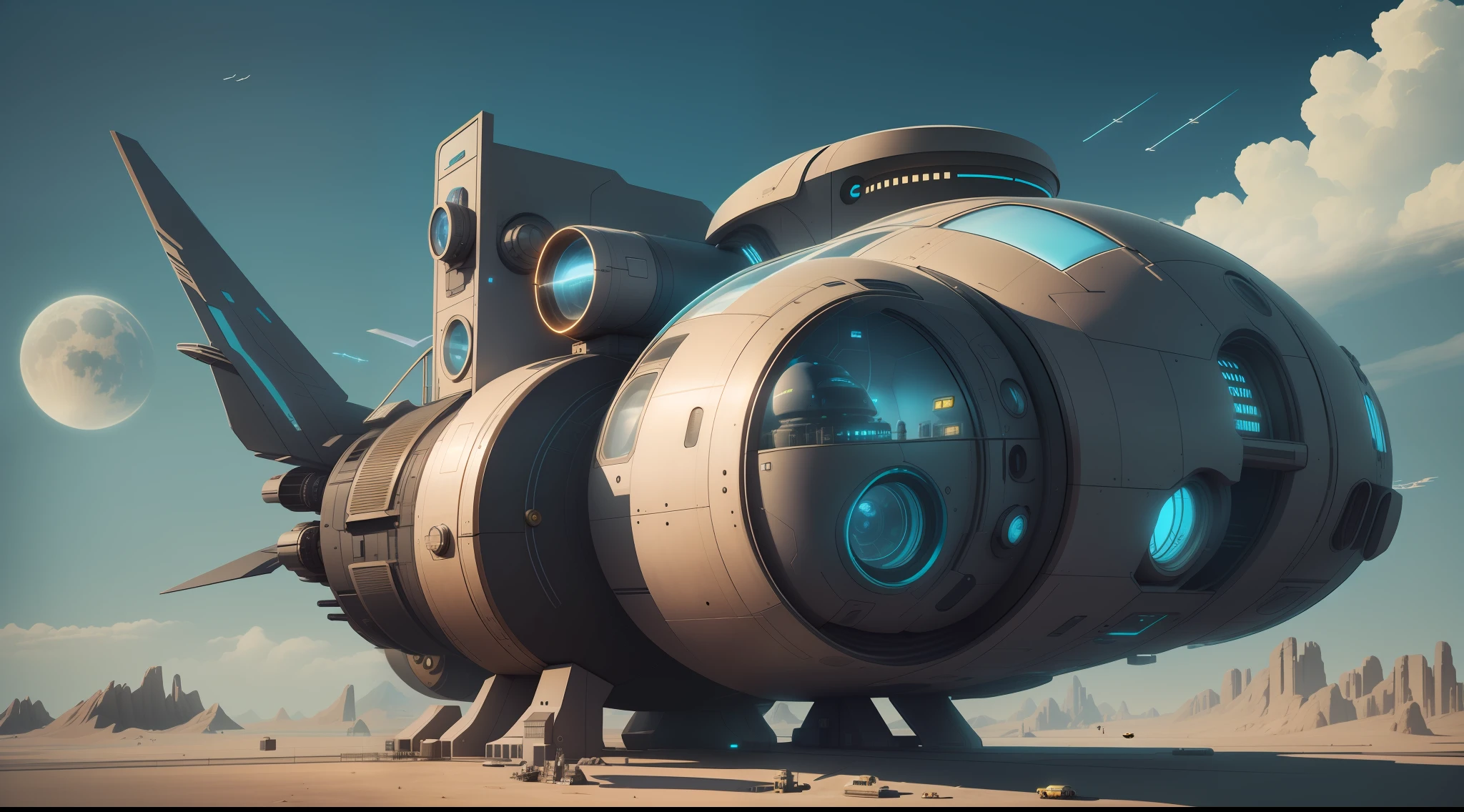 an extremely complex futuristic and advanced steampunk house, a flying vehicle in the garage, sci fi, lots of technology on the walls of the house, Airlock, decoration technology, (Siliconpunk:1) normal small houses next door, blue lawn, 2 sun in the sky, 2 moon in the sky, 200mm lens, high quality, high definition, uhd,