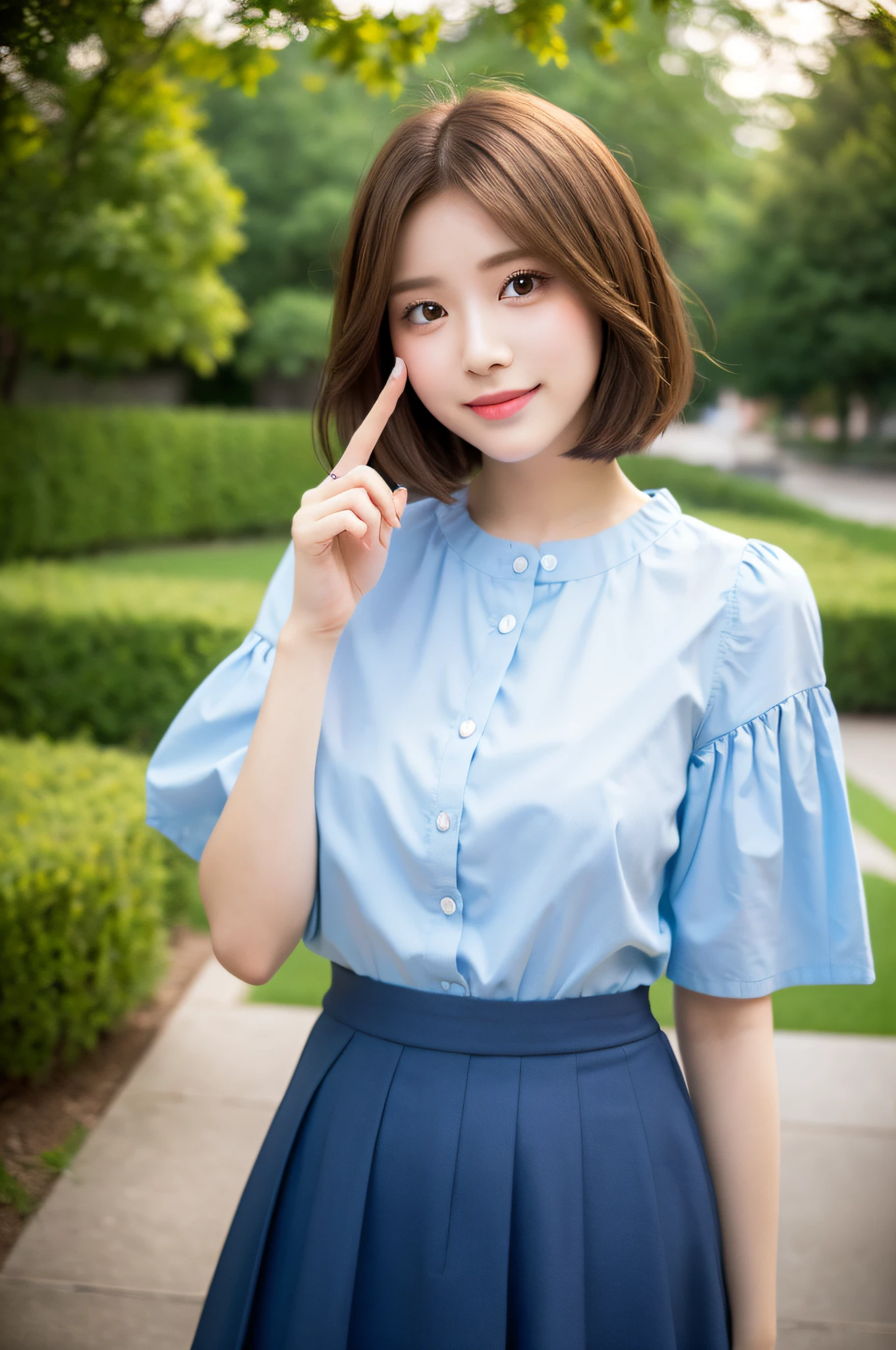 (8k, highest quality, masterpiece: 1.2), ultra detail, highest quality, ultra high resolution, professional lighting, photon mapping, radiosity, physically based rendering, cinematic lighting, depth of field, focusing, sun rays, good composition, (bokeh: 1.2), 1 girl, (full body), smile, beautiful eyes, pose, constriction, brown hair, short hair, prairie blouse light blue, skirt,park,hand {fingers} Kawaii {finger} hand,