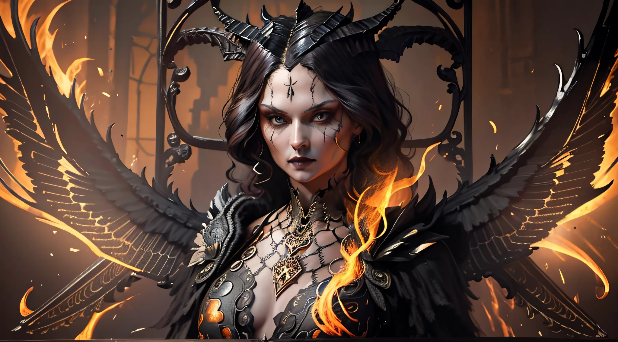 Lilith's descent with her black wings, whole body, (whole body), intricate, with an aura of fire. Exclusive style of D14bl0, extremely detailed and high quality, 8k, cinematic, no serration, strokes and a famous artist, no blurred image, very well done strokes, no deformation in the eyes, mouth and nose, all drawn perfectly, leonardo da vinci style.