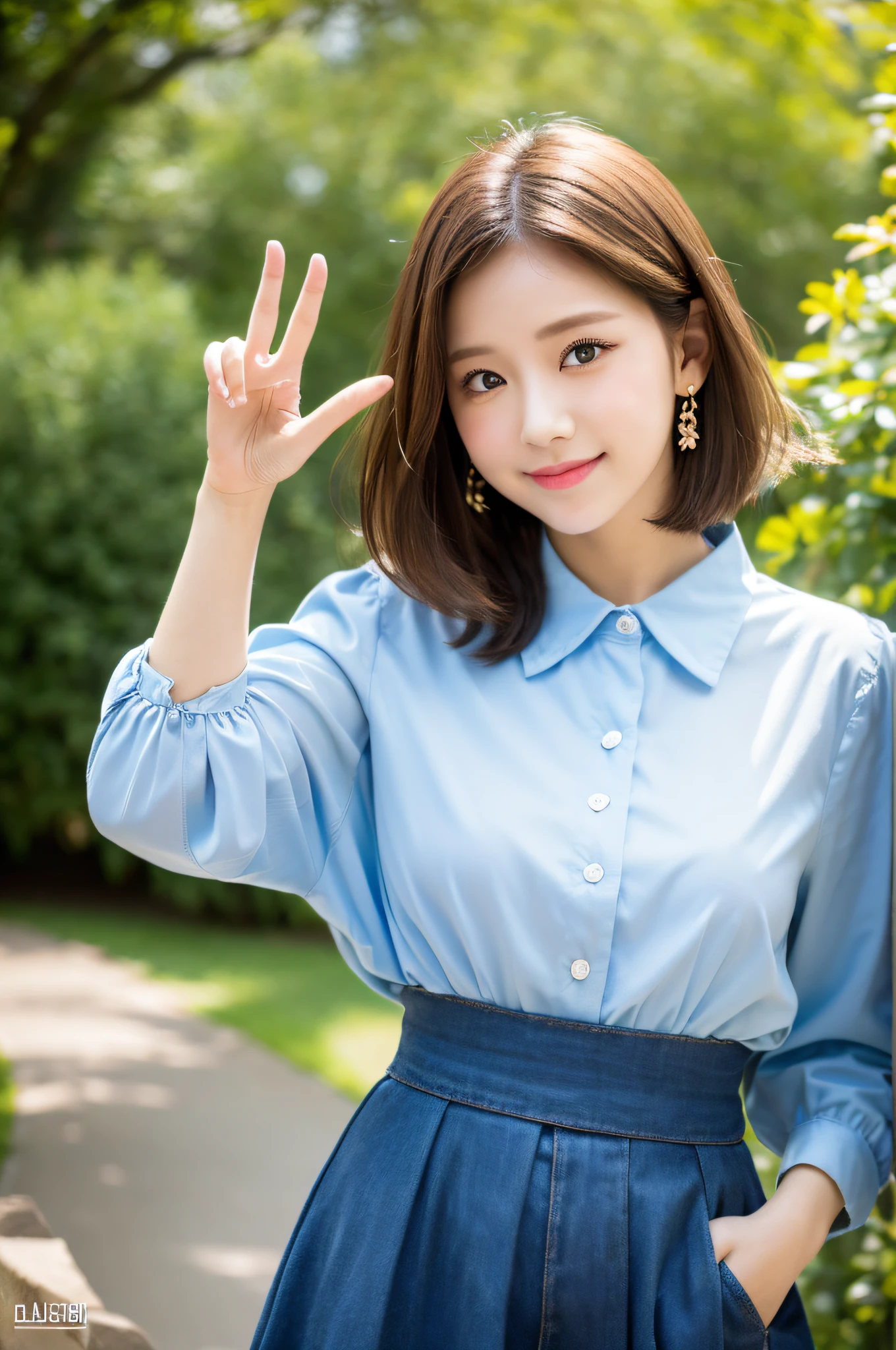 (8k, highest quality, masterpiece: 1.2), ultra detail, highest quality, ultra high resolution, professional lighting, photon mapping, radiosity, physically based rendering, cinematic lighting, depth of field, focusing, sun rays, good composition, (bokeh: 1.2), 1 girl, (full body), smile, beautiful eyes, pose, constriction, brown hair, short hair, prairie blouse light blue, skirt,park,hand {fingers} Kawaii {finger} hand,