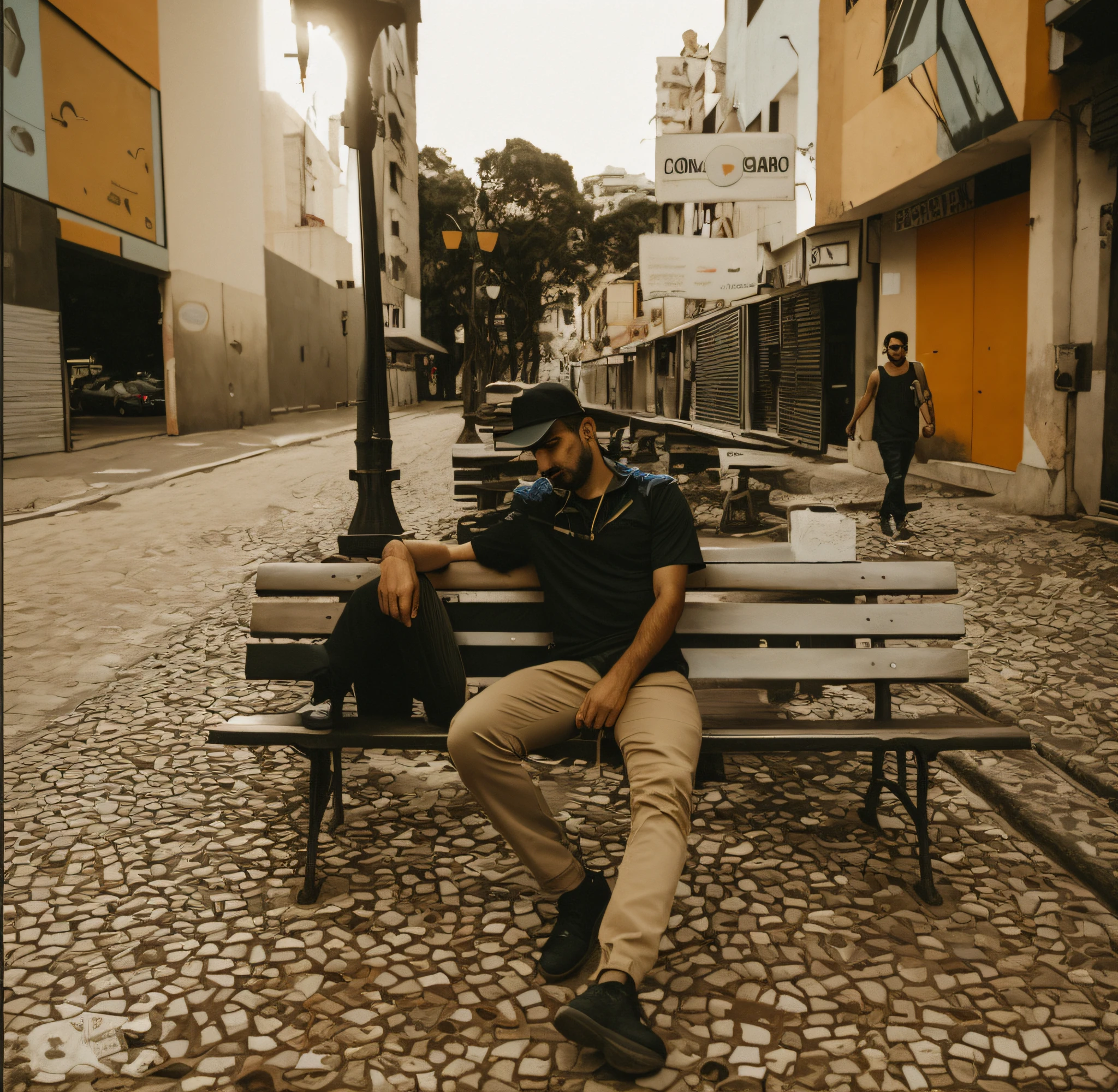 there is a man sitting on a bench in a city, by Nándor Katona, in sao paulo, caio santos, emad mostaque, street pic, david rios ferreira, by Oton Gliha, by Alexis Grimou, in the city, inspired by Antônio Parreiras, são paulo, andrea rocha