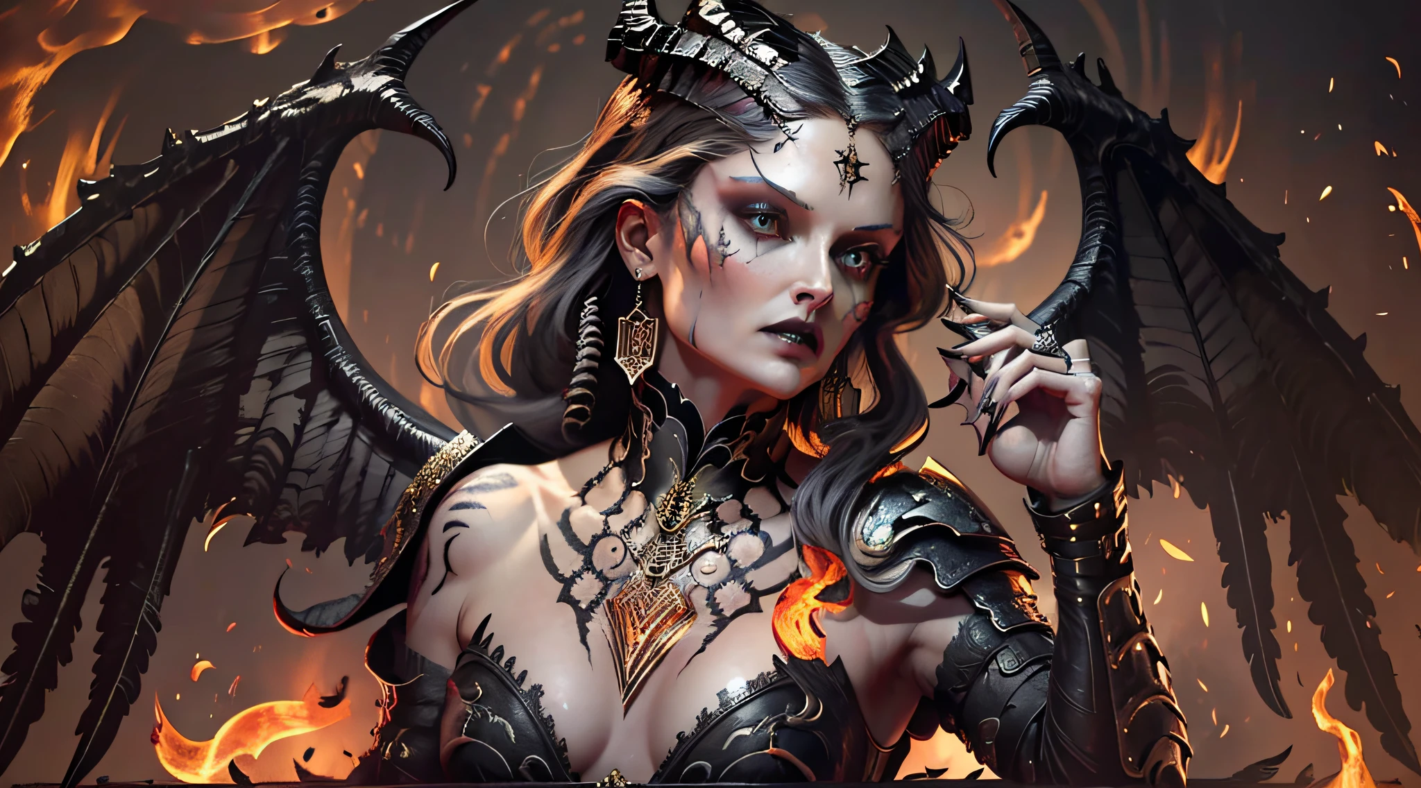 Lilith's descent with her black wings, whole body, (whole body), intricate, with an aura of fire. Exclusive style of D14bl0, extremely detailed and high quality, 8k, cinematic, no serration, strokes and a famous artist, no blurred image, very well done strokes, no deformation in the eyes, mouth and nose, all drawn perfectly, leonardo da vinci style.
