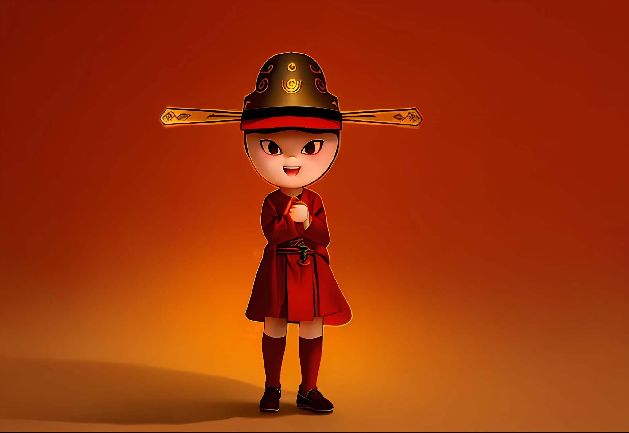 cartoon of a boy in a red robe and a hat, inspired by Ma Shi, character with a hat, inspired by Gong Xian, caracter with brown hat, chibi, inspired by Gong Kai, inspired by Lü Ji, chinese warrior, inspired by Shūbun Tenshō, inspired by Dong Yuan, inspired by Hu Zaobin