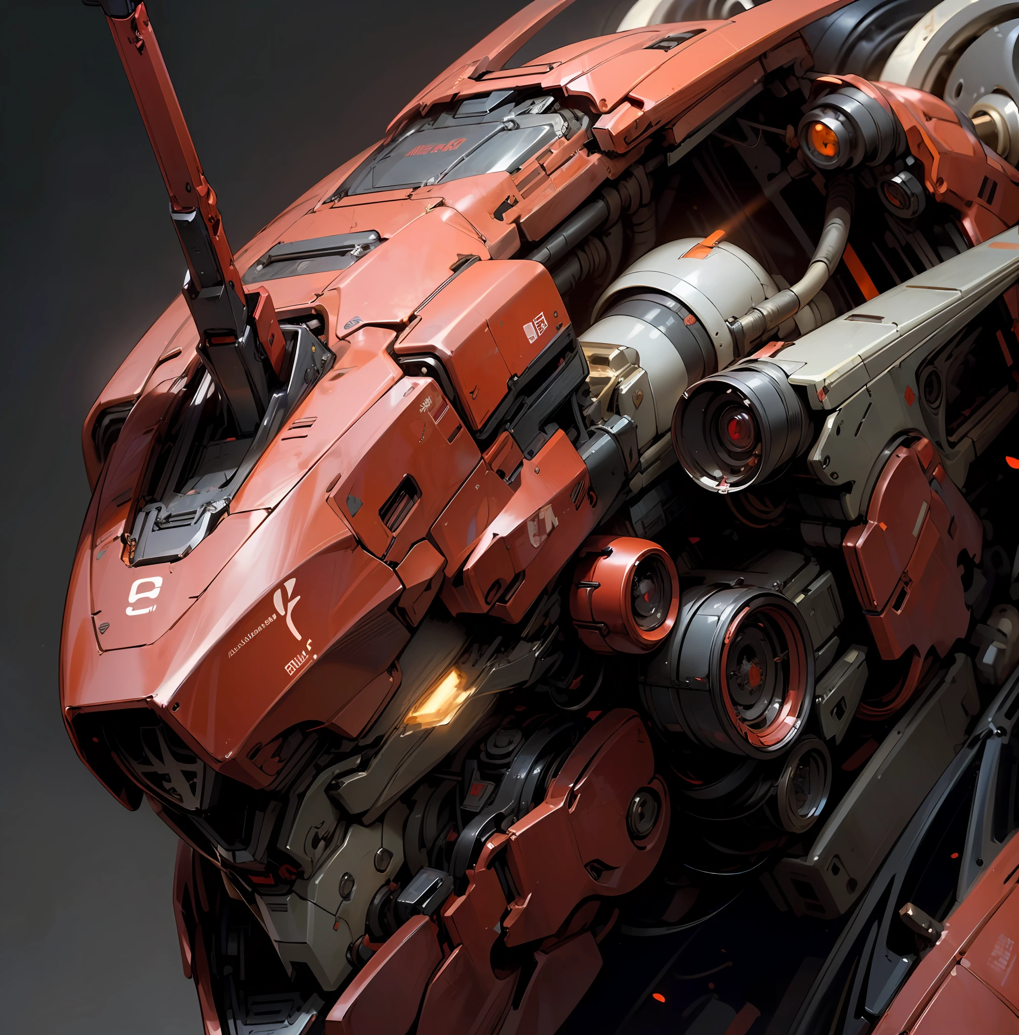 (((Masterpiece, Best Quality, Illustrations, Fine Details))), ((Very Detailed CG Unity 8k wallpaper, high resolution)), Amazing, Murderous, Solo, Mecha, (Red: 2), High Saturation, Low Brightness, Side, Red Laser Eyes, Standing Shades, Rust, Dust