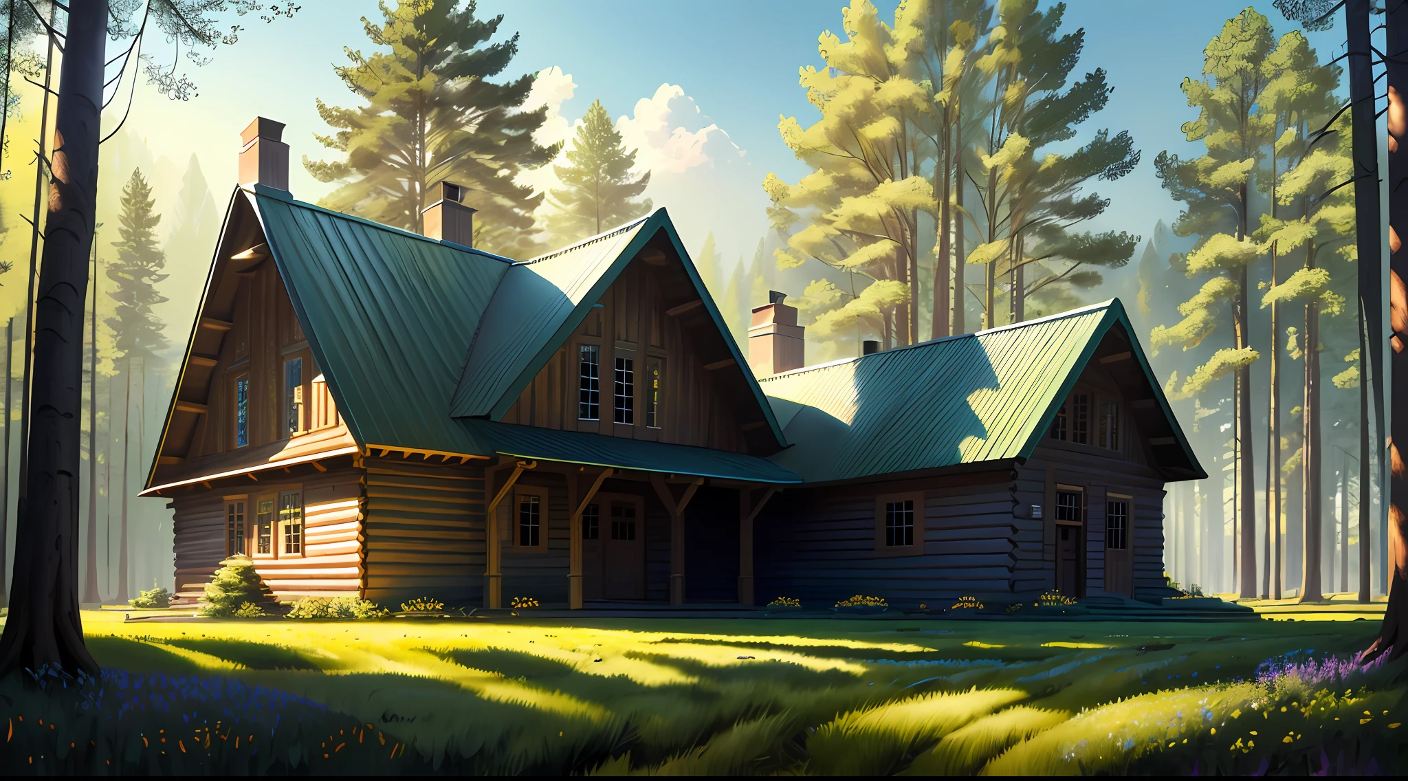 masterpiece, very detailed, ultra realistic, detailed background, bright lighting, daylighting,
(wide meadow surrounded by forest), (wide angle), (large wooden school building),
