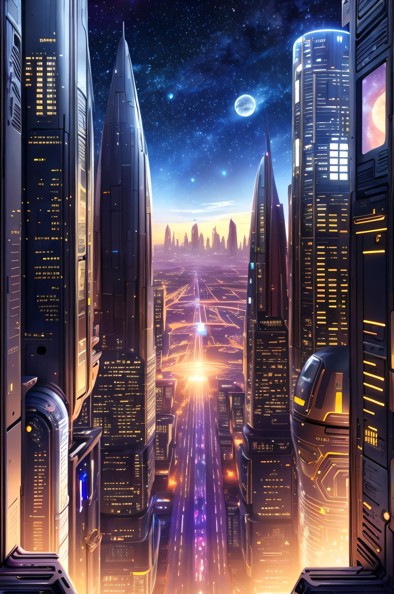 futuristic city with a view of the moon and a distant planet, in fantasy sci - fi city, futuristic city backdrop, futuristic city backgrond, beautiful city of the future, vista of futuristic city, futuristic cityscape, science fiction city, futuristic city scape, in a futuristic city, sci - fi city, in a futuristic cyberpunk city, otherwordly futuristic city