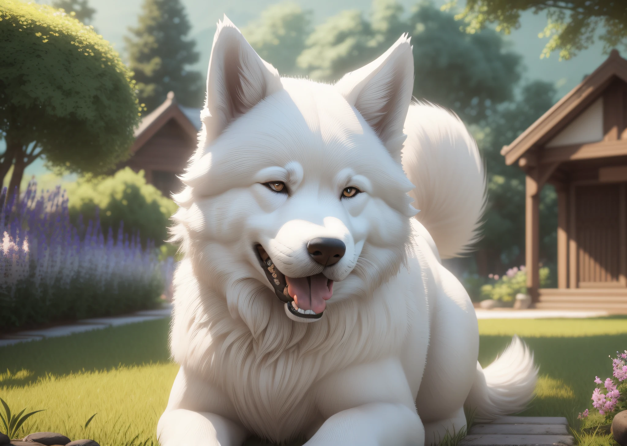 a big  and furry white dog akita (((SOLO))) , well-detailed, sharp focus, long tongue, very detailed tail, artstation, 3D art, looking at camera, house garden background, photo realism, masterpiece, hyper resolution, 4k, 8k, canon 50mm, --S100