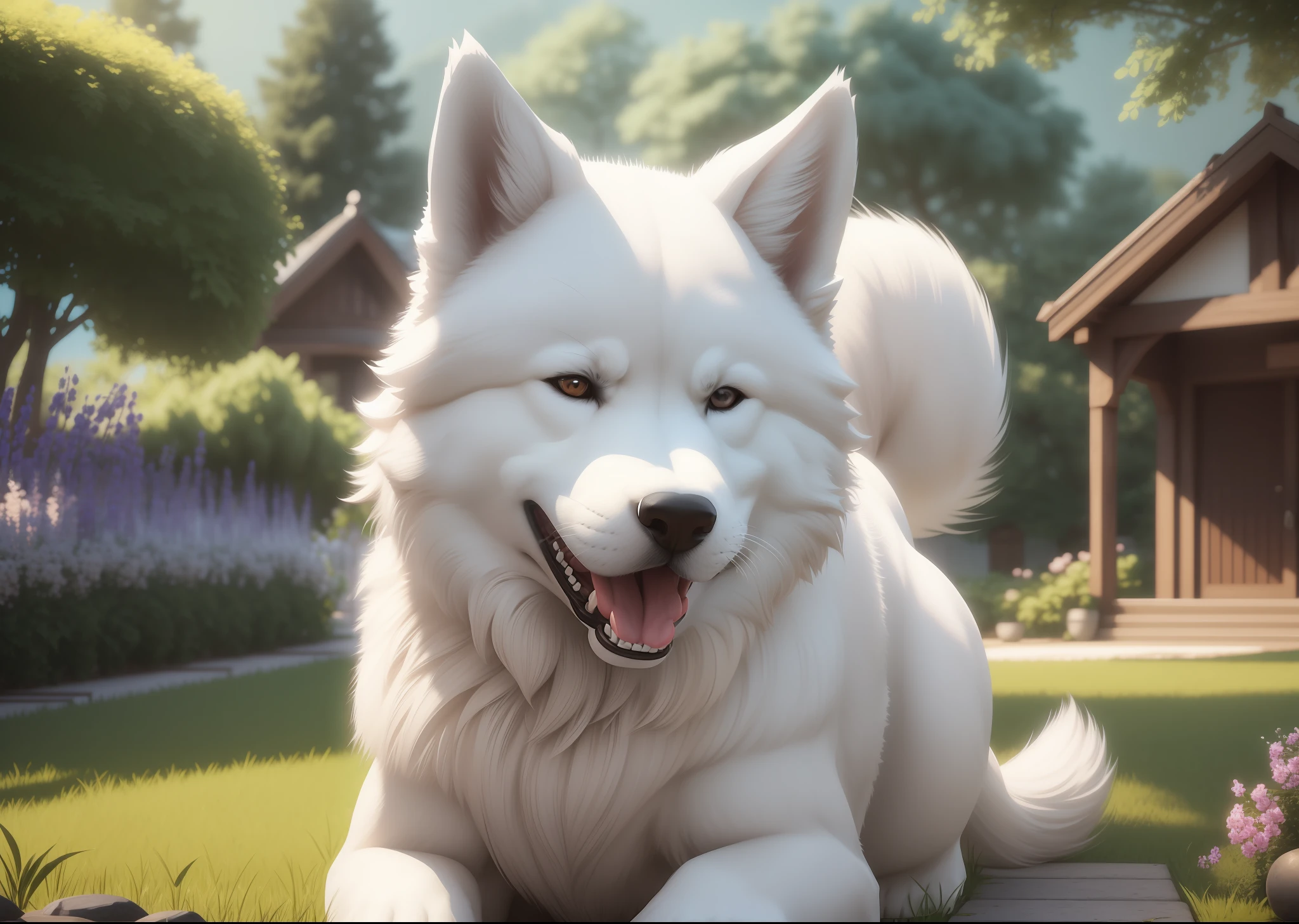 a big and furry white dog akita (((SOLO))) , well-detailed, sharp focus, long tongue, very detailed tail, artstation, 3D art, looking at camera, house garden background, photo realism, masterpiece, hyper resolution, 4k, 8k, canon 50mm, --S100