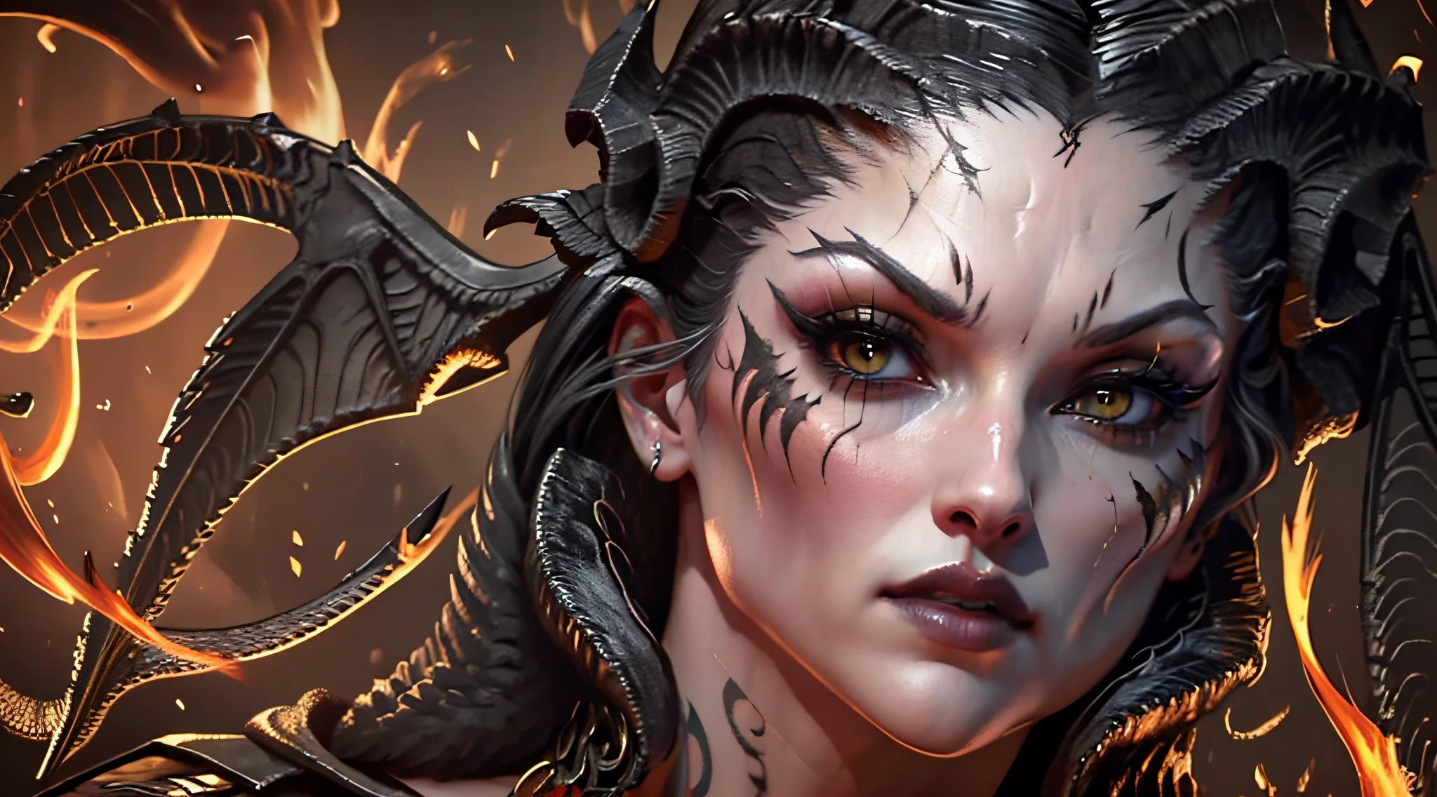 Lilith's descent with her black wings, face sharp as from a photo of high resolution (detailed face), full body, (whole body), with an aura of fire. Exclusive style of D14bl0, extremely detailed and high quality, 8k, cinematic, no serration, strokes and a famous artist, no blurred image, very well done strokes, no deformation in the eyes, mouth and nose, all drawn perfectly, leonardo da vinci style.