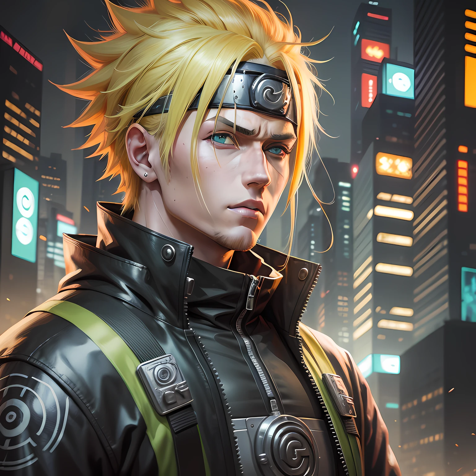 Naruto Uzumaki with the blond hair a detailed cyberpunk portrait with green eyes, dark city background digital art, realistic painting, trends in detailed artstation, ultra high definition, 8k