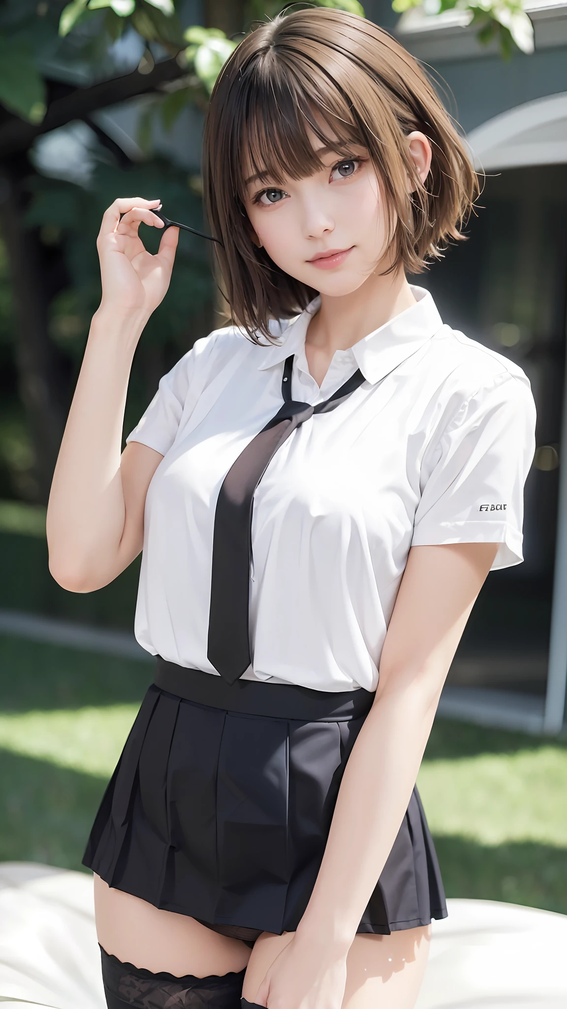 (8K, top quality, masterpiece: 1.2), (realistic, photorealistic: 1.2), sitting, (panty shot)))), (spreads your legs)))), solo, beautiful definition sky, night, wet, watching the viewer, (sit: 1.5), dating, future, (nose brush), smile, big breasts, fine beautiful eyes,), (dark blonde: 1), (short hair :1.1), Panty shot, Spread legs, Skirt, School uniform, White panties, Socks, Black hair, Shirt, Blurred, Blurred background, Knee-high, White shirt, Loafers, Realistic, Long hair, Lips, Brown eyes, Black socks, Tie, Pleated skirt, Bow, Headrest, Sideways, Outdoors, Brown footwear, Masterpiece, Best quality, Ultra detailed, ((((Panty Shot))), (((Spread your legs))),