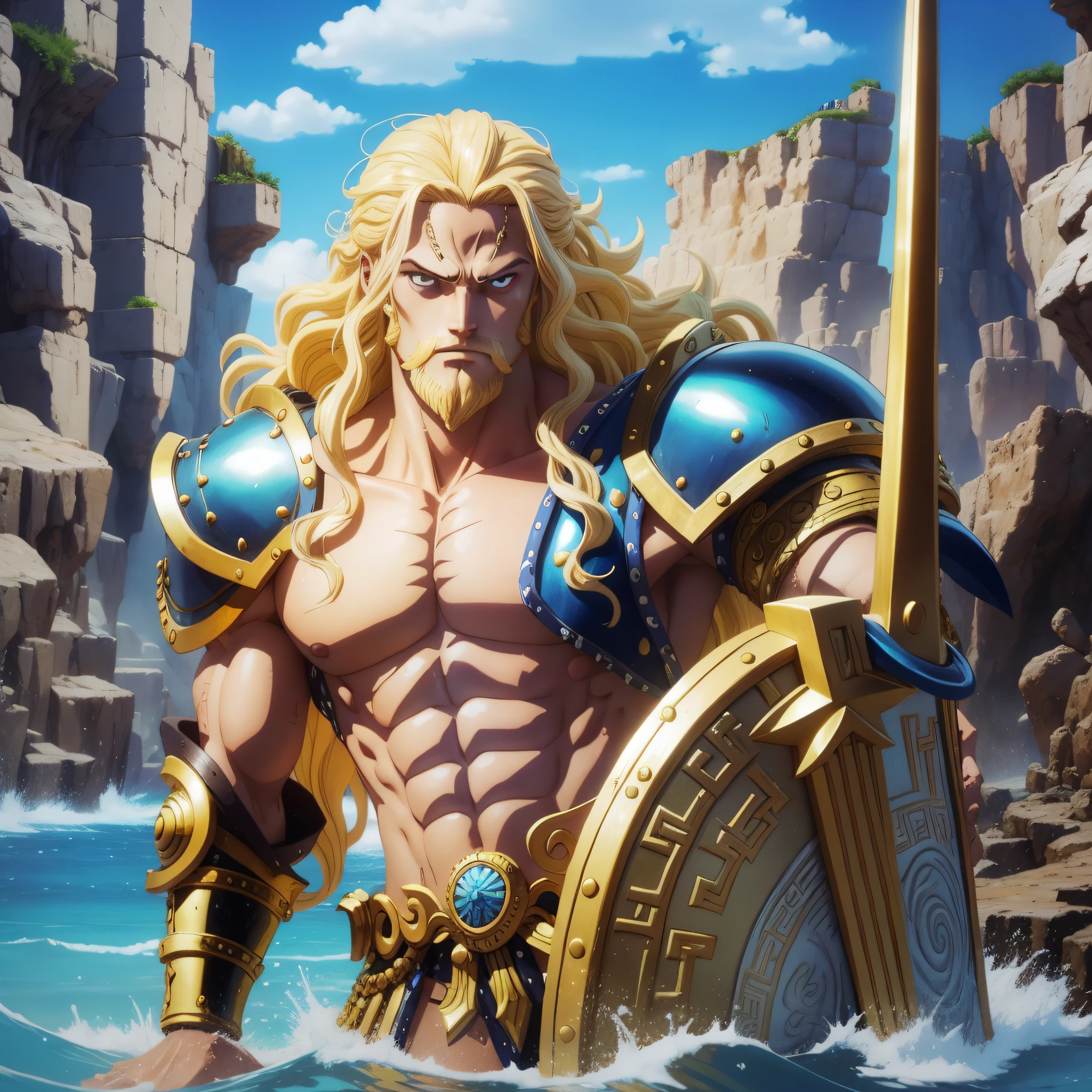 Man, long blonde hair, Poseidon style Greek mythology, wearing armor