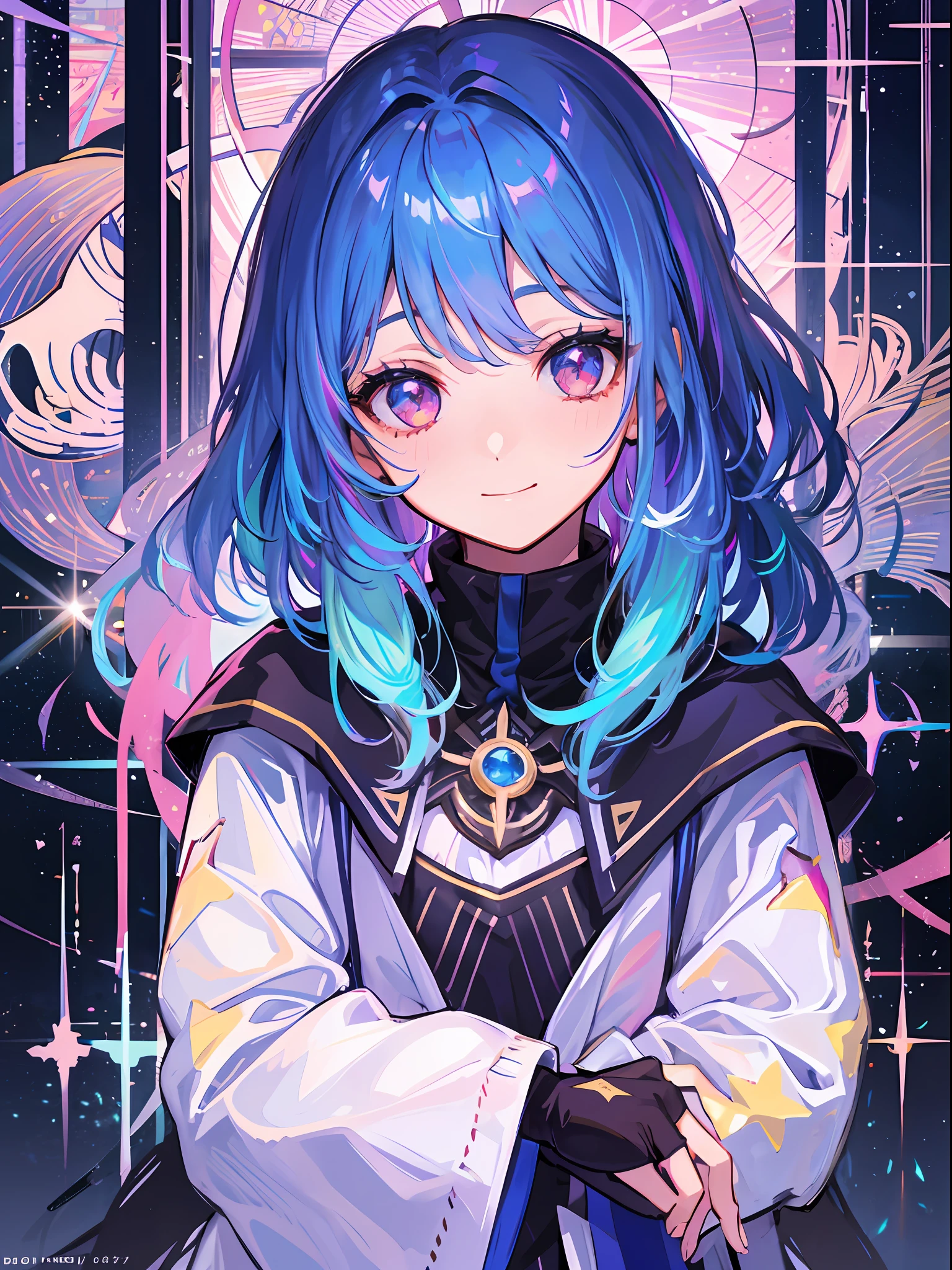 Girl, colored inner hair, beautiful, absurdres, shinny eyes, Sharp eyes, beautiful shinny and sparkling hair, (looking away), light smile, colorful, star, light, biolumknescrnt