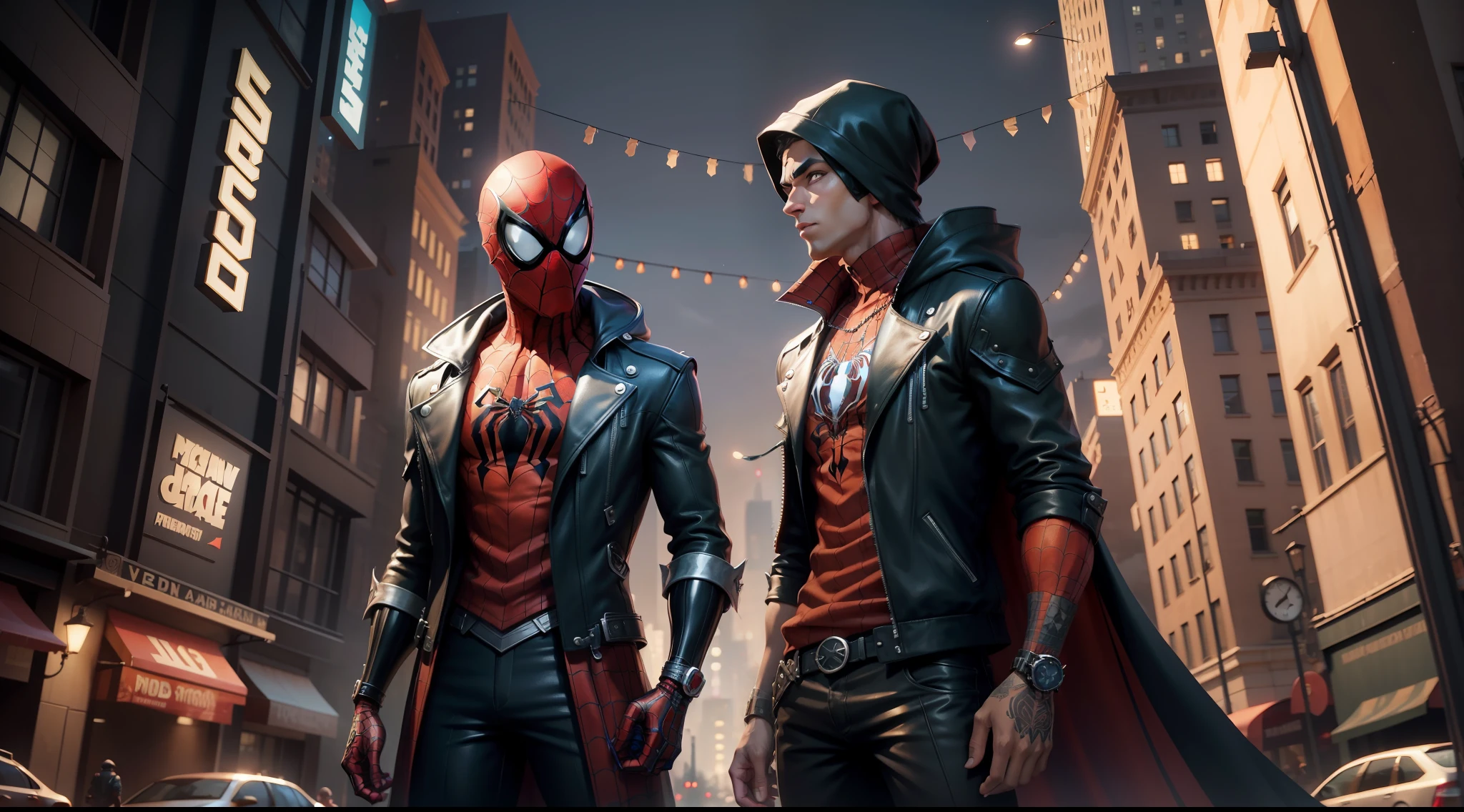 spider man steampunk - spider - man and spider - man in a dark city, spider - verse art style, into the spiderverse, spiderverse, into the spider verse, futuristic style spiderman, miles morales!!!, 3840 x 2160, 3840x2160, miles morales, hq 4k wallpaper, rendered in sfm, super detailed render