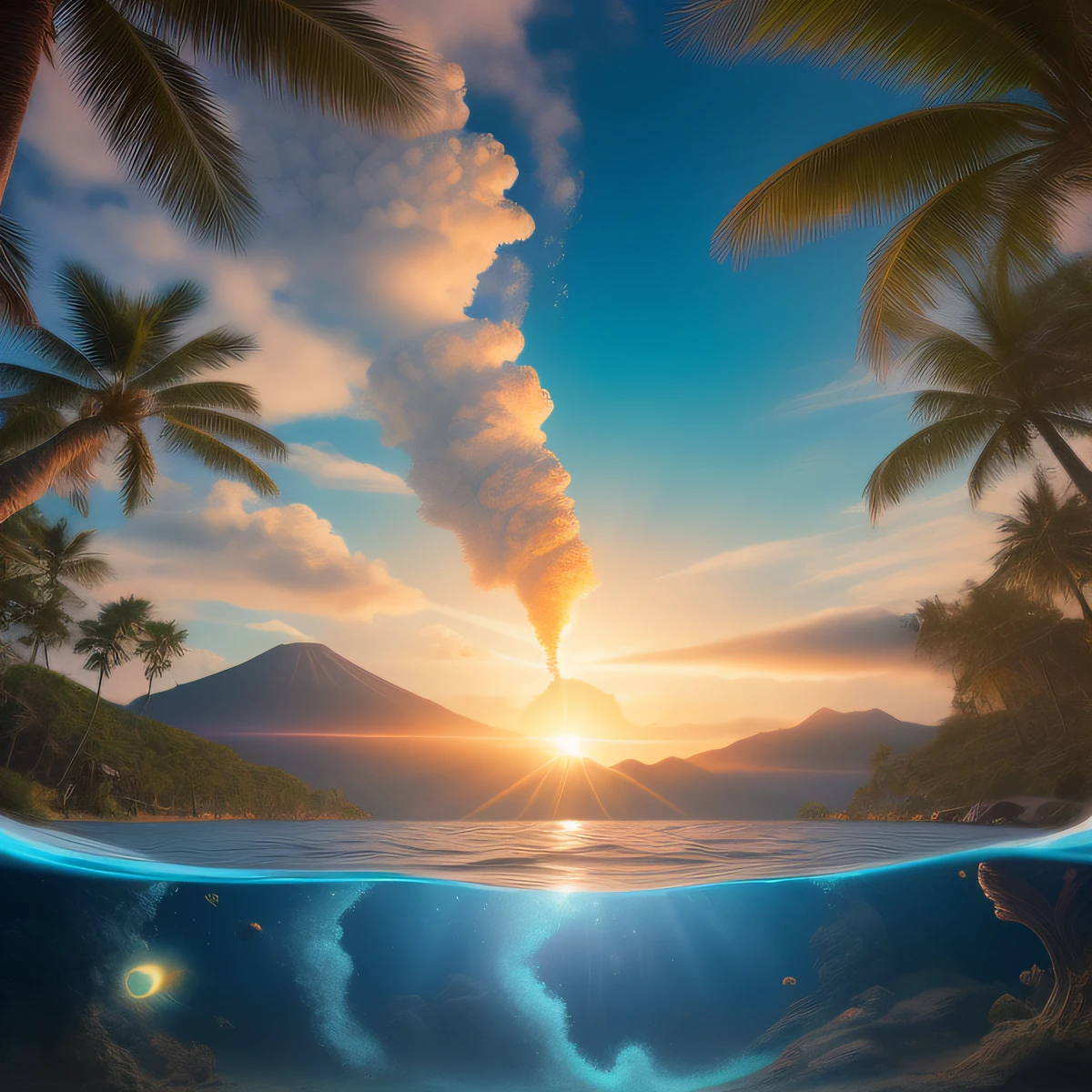 epic movie poster, volcano erupting, award winning (full body:1.3) portrait photo of a (moana:1.2), (seashell bikini:1.2), (water goddess:1.2), tribal tattoos, (wading:1.2) in the pacific (ocean:1.1), arms behind head, (partially submerged shot:1.2), (waves:0.9), desert island background, palm trees, beach,fluffy clouds in the sky, outrun, vaporware, trending on artstation, highly detailed, fine detail, intricate, (lens flare:0.9), (backlighting:0.9), (bloom:0.9), [Style-Micro::10]