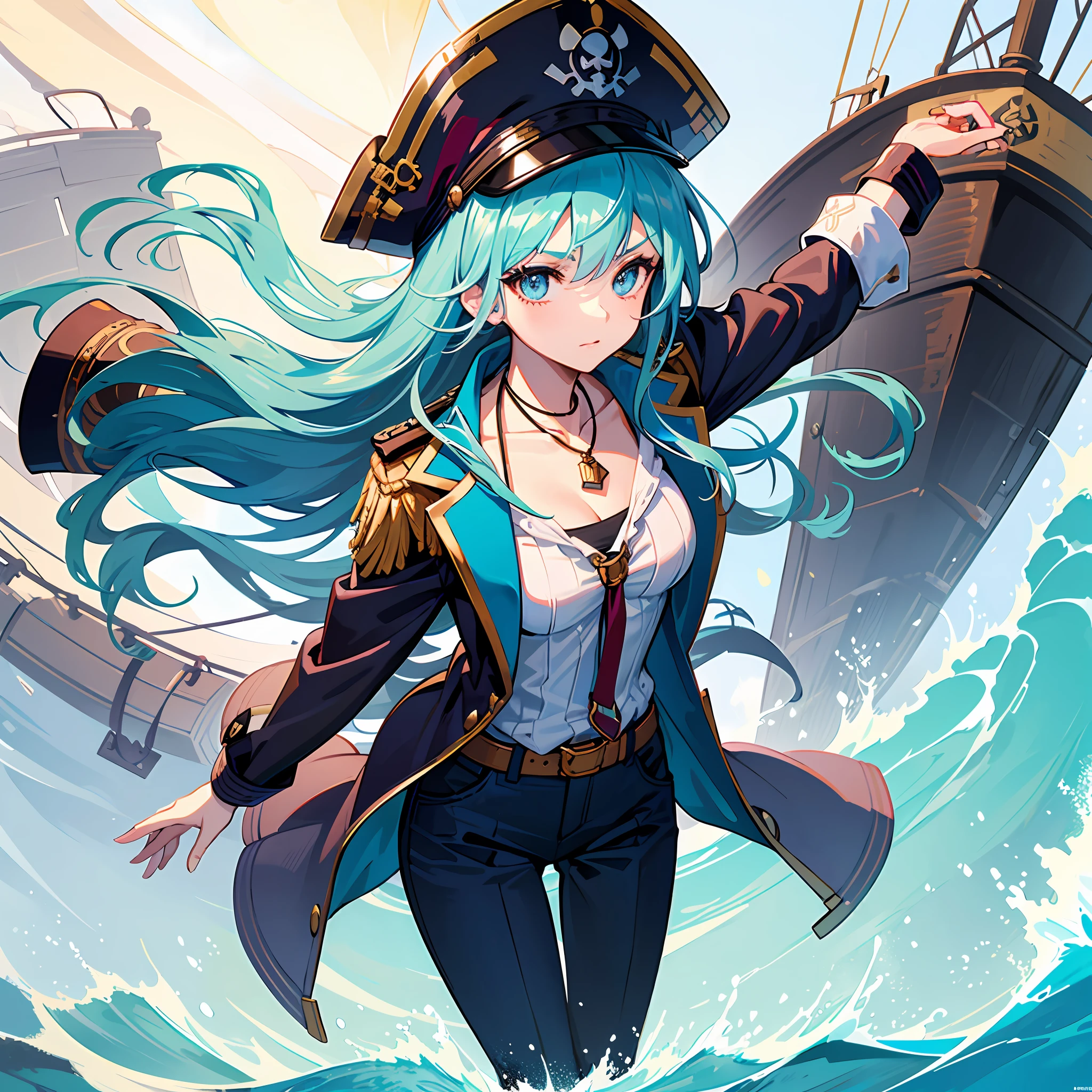 Create a picture of an anime 21 year old female with long, wavy light blue hair. She has a tough and adventurous personality, as if she were a ship captain. The clothing she wears depicts the style of a pirate, with distinctive touches and striking details. Perhaps she wears a hat with feathers, a captain's jacket with collar and ropes, and comfortable yet stylish pants. Include accessories such as belt ropes, a necklace, or appropriate jewelry that fits the theme and no hat. Her facial expression can reflect bravery and determination. Give her a pose that showcases strength and leadership. Show the spirit of adventure and a free-spirited nature in the picture you create.