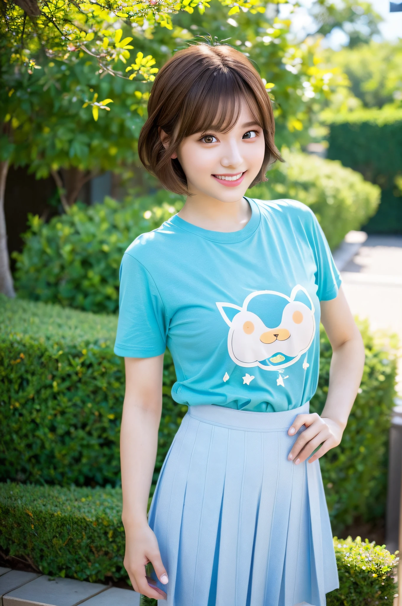 (8k, highest quality, masterpiece: 1.2), ultra detail, highest quality, ultra high resolution, professional lighting, photon mapping, radiosity, physically based rendering, cinematic lighting, depth of field, focusing, sunbeams, good composition, (bokeh: 1.2), 1 girl, (full body), smile, beautiful eyes, pose, constriction, brown hair, short hair, ringer t-shirt light blue, skirt,park,hand {fingers} Kawaii {finger} hand,