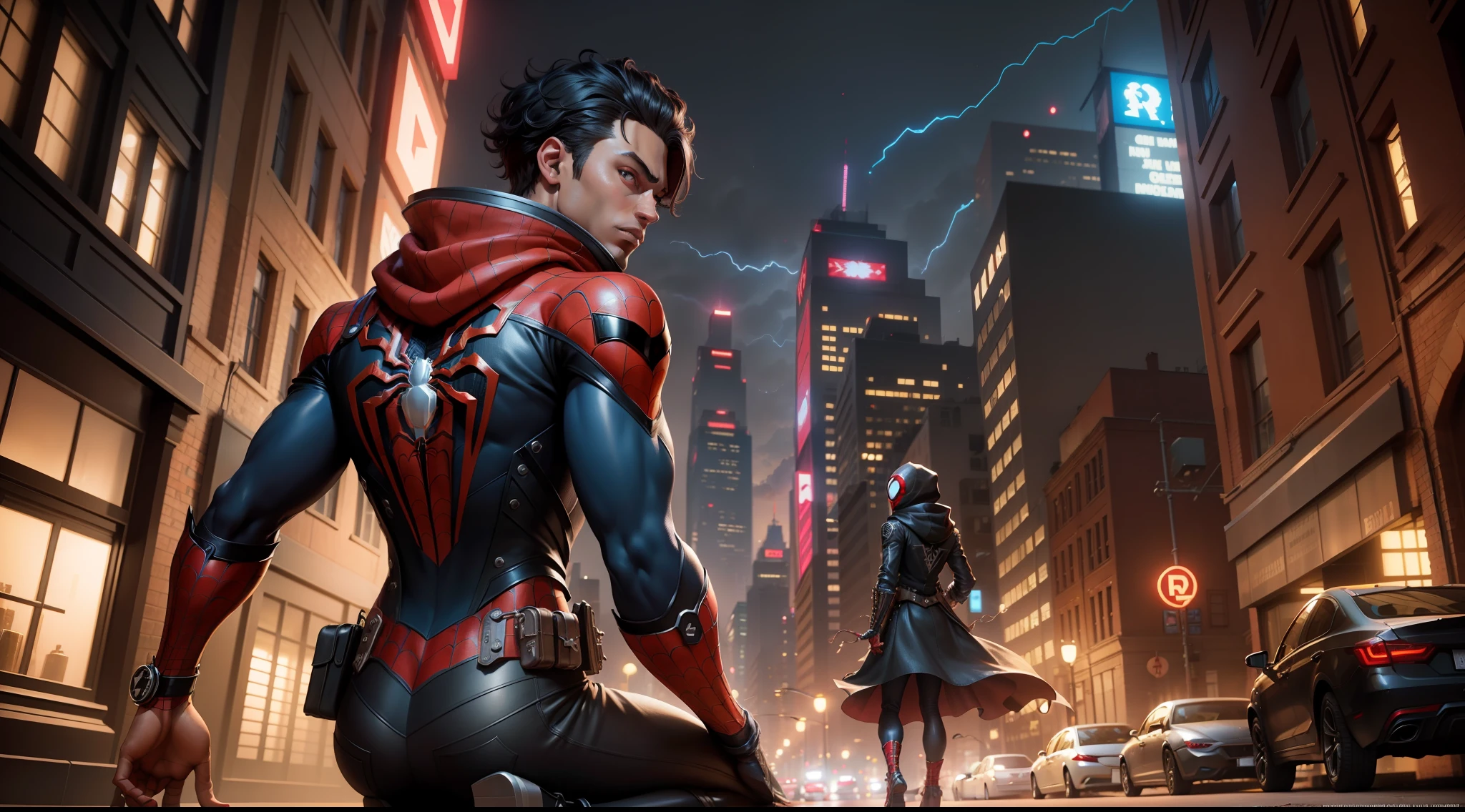 spider man steampunk - spider - man and spider - man in a dark city, spider - verse art style, into the spiderverse, spiderverse, into the spider verse, futuristic style spiderman, miles morales!!!, 3840 x 2160, 3840x2160, miles morales, hq 4k wallpaper, rendered in sfm, super detailed render