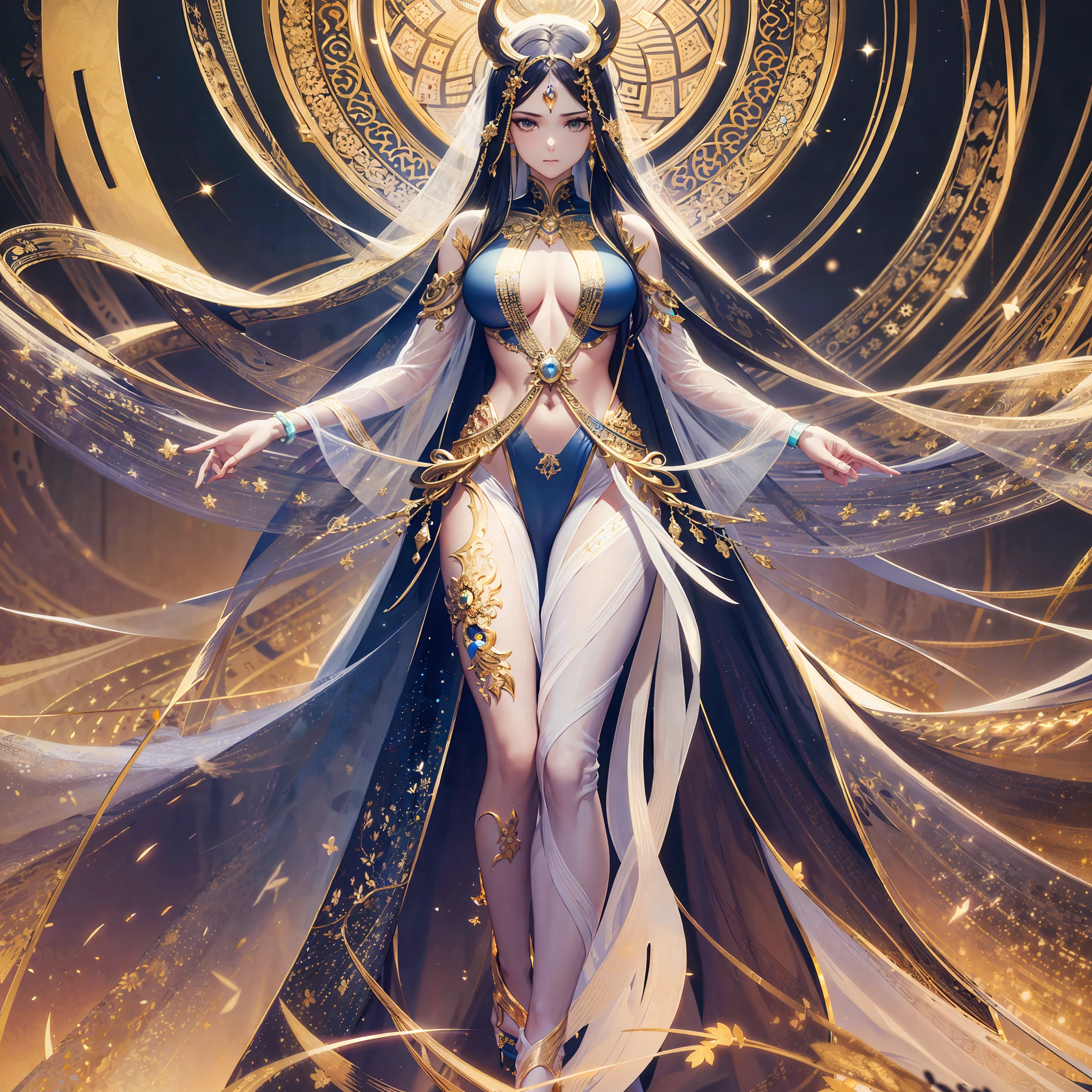 Masterpiece, highly creative digital CG work, a beautiful and proud human void goddess side, gorgeous clothes on gold patterns, full body white transparent bikini standing under the wild empty night stars, disappearing transparent pants, side full body standing posture, tall figure, slender legs, extremely high face details, detailed body part details, leg root details, reasonable hand handling, 8k wallpaper