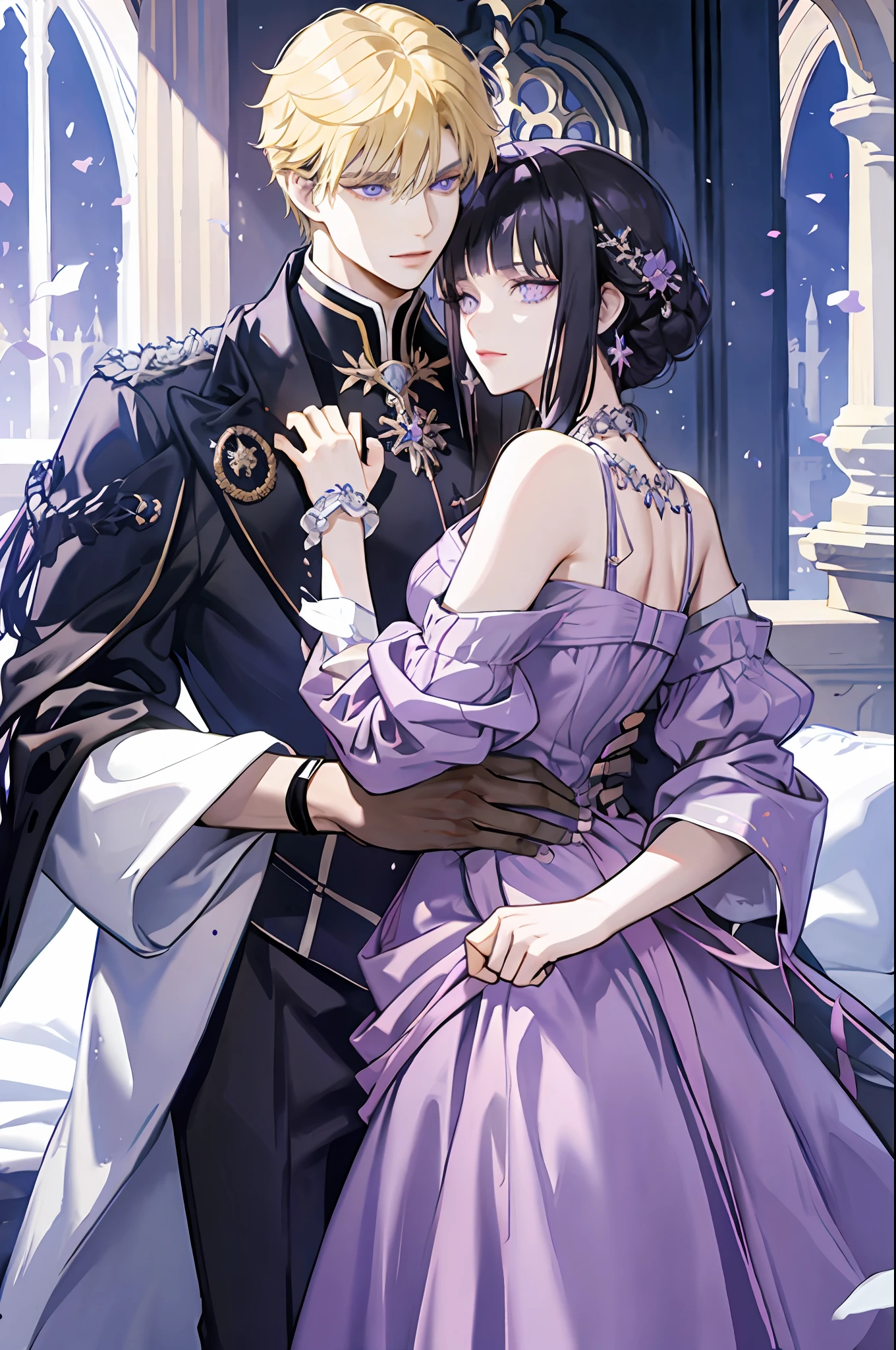Woman with black hair and violet eyes and blunt bangs, purple dress, royalty, nobility, princess, elegant, hugs a man with blonde hair and blue eyes, high quality, highly detailed, detailed face, castle