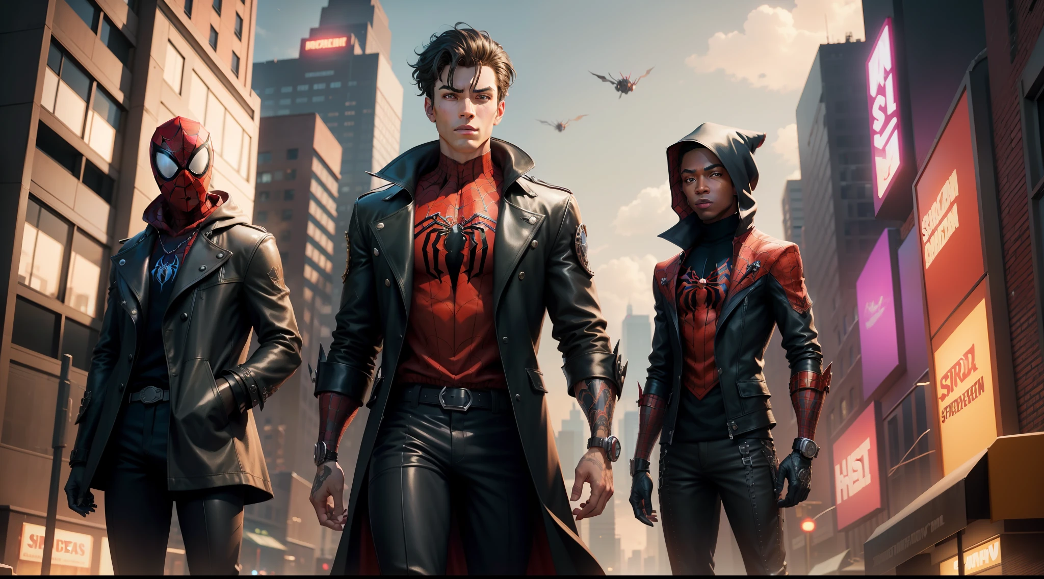 spider man steampunk - spider - man and spider - man in a dark city, spider - verse art style, into the spiderverse, spiderverse, into the spider verse, futuristic style spiderman, miles morales!!!, 3840 x 2160, 3840x2160, miles morales, hq 4k wallpaper, rendered in sfm, super detailed render