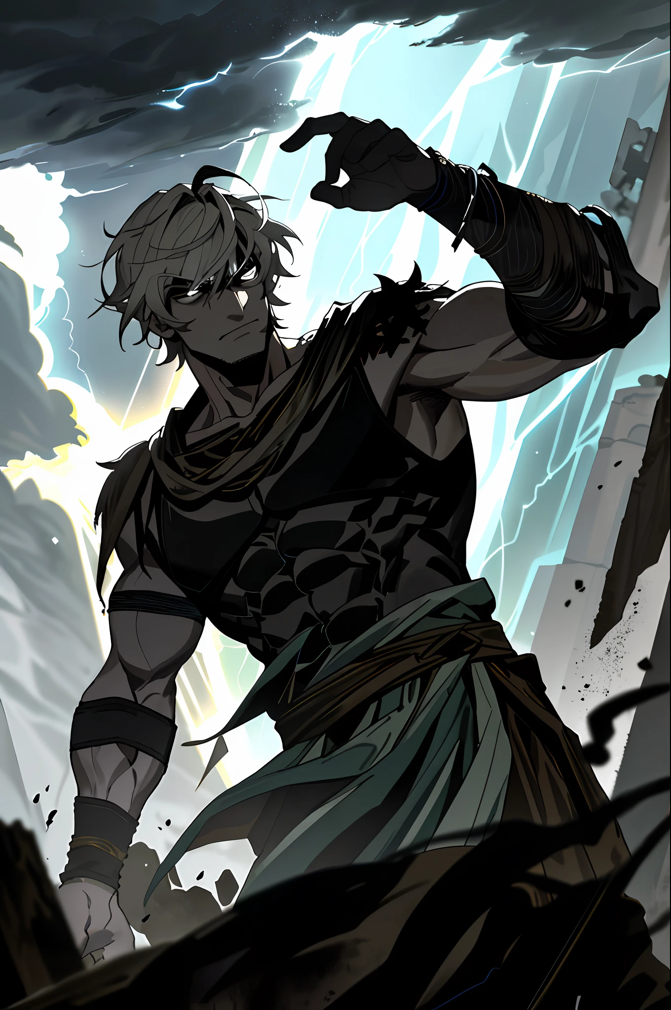 An ancient Greek villain with dramatic lighting and deep shadows. Wearing an imposing armband, he is immersed in a stormy weather with thunder, in a night square.
("Ancient Greek villain, dramatic lighting, deep shadows, impressive armband, stormy weather, thunder, night square")