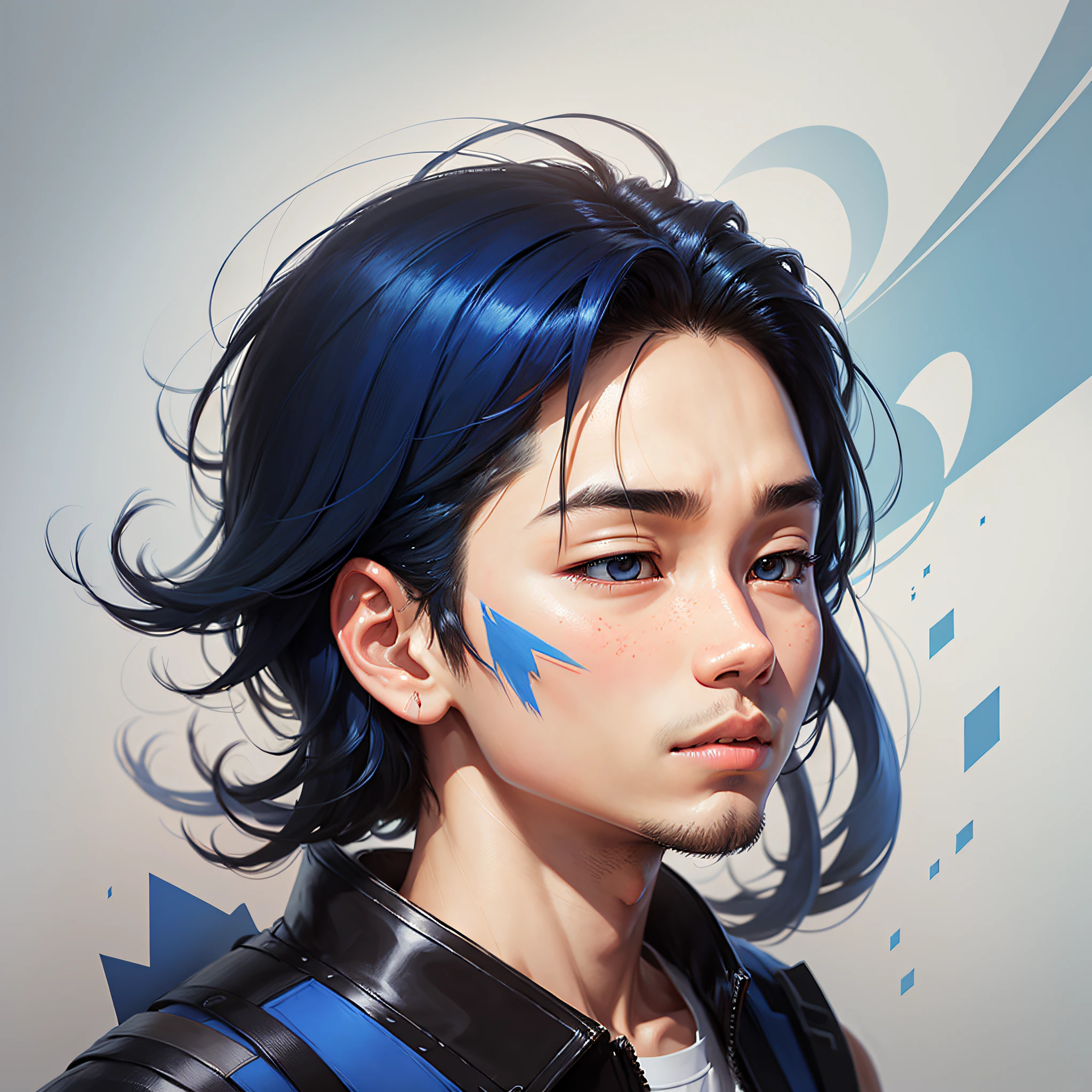 abstract Memphis, minimalism (important vocabulary), Handsome boy headshot (modifiable), flat illustration, a Chinese haired boy (modifiable part), Clean Blue Background, trendy illustration, flat illustration, --ar 1:1 --niji 5 --auto --s2