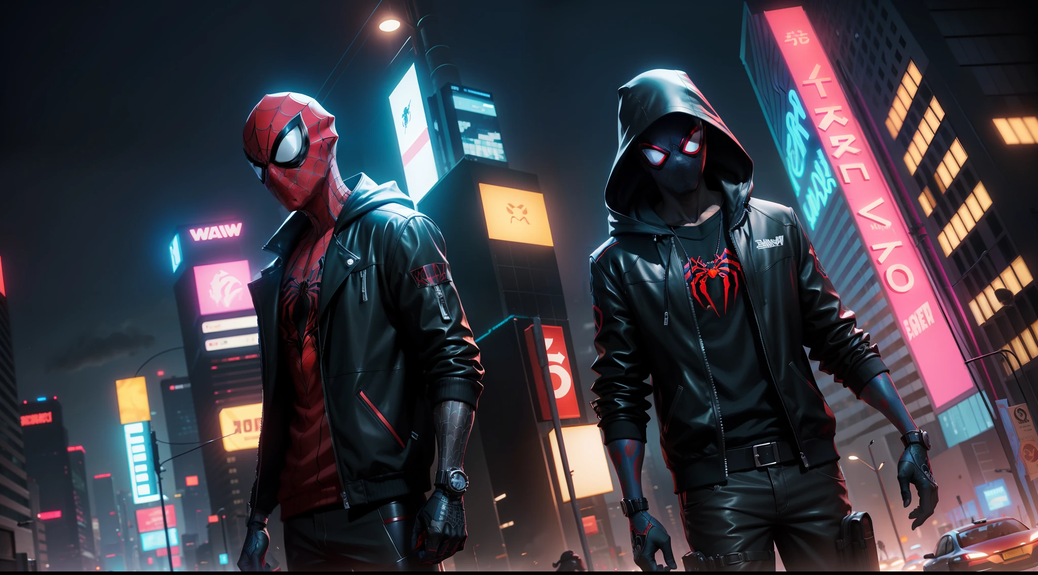 spider man cyberpunk - spider - man and spider - man in a dark neon city, spider - verse art style, into the spiderverse, spiderverse, into the spider verse, futuristic style spiderman, miles morales!!!, 3840 x 2160, 3840x2160, miles morales, hq 4k wallpaper, rendered in sfm, super detailed render