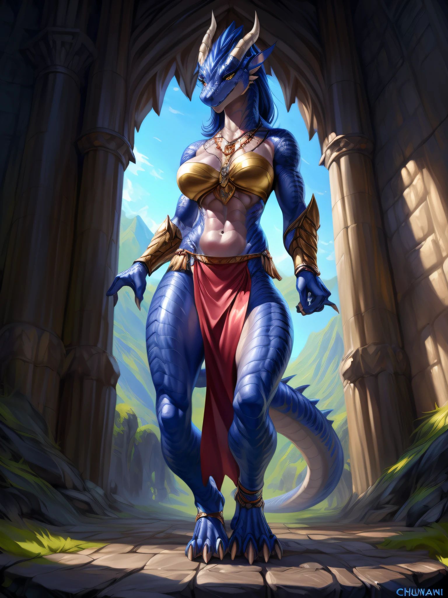 uploaded on e621, (male anthro dragon), standing, solo, muscle, detailed scale texture, old castle, (battlefield), (tribal clothing, ((long loincloth))), (shoulder armor, leg armor), blue body, white belly, dawn, shaded, dim environment, (art by chunie, (drakgem), ((rakisha)), (kontanagamori)), (front view), looking pleasured, [simple background], detailed pupils, masterpiece artwork, caustics, rim lighting, single light source, sharp shadows, solo portrait, (digitgrade, toe claw), (kemono), by inessa garmash, greg rutkowski, pino daeni, ruan jia