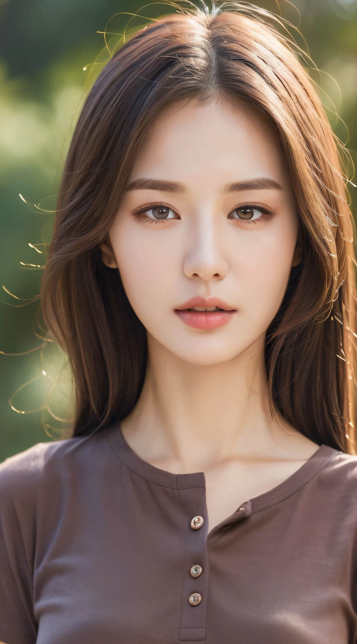 ((Best quality, 8k, Masterpiece :1.3)), sensual woman, 1girl, (firm body, slender figure :1.2), dark brown hair, (outdoor, henley shirt :1.1), ultra-detailed face, detailed lips, detailed eyes, double eyelid