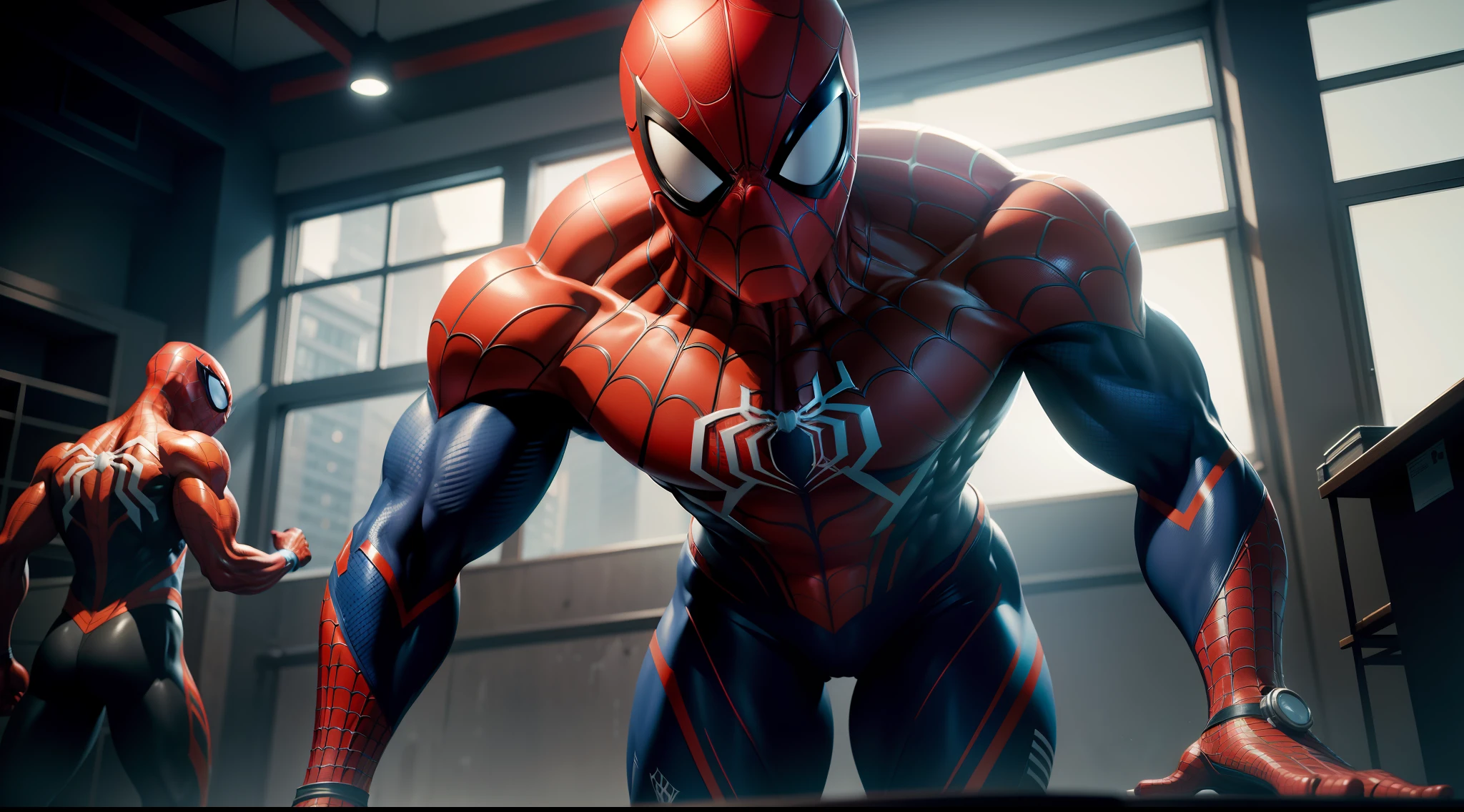 spider man bodybuilder - spider - man and spider - man in a dark gym, spider - verse art style, into the spiderverse, spiderverse, into the spider verse, futuristic style spiderman, miles morales!!!, 3840 x 2160, 3840x2160, miles morales, hq 4k wallpaper, rendered in sfm, super detailed render